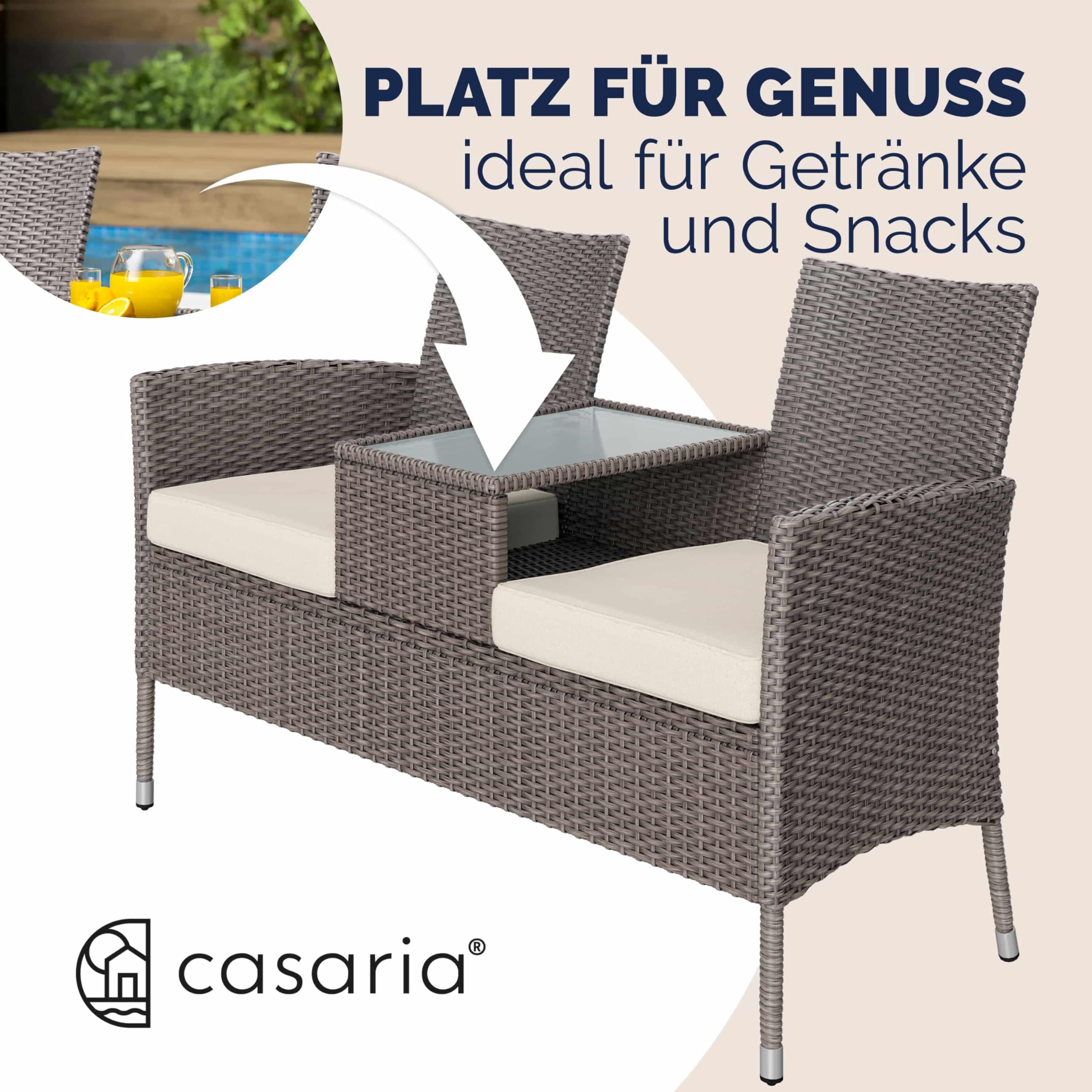 Casaria® Gartenbank Wetterfest Polyrattan Tisch Auflagen 320kg Belastbarkeit UV-beständig Garten Balkon Bank Möbel Sitzbank 2-Sitzer 143x55x88cm Creme