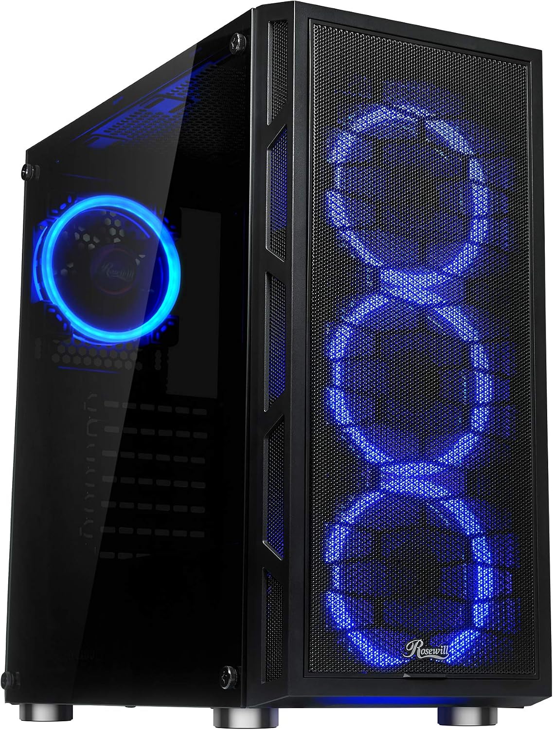 Rosewill ATX Mid Tower Gaming PC Computer Case with Dual Ring Blue LED Fans, 360mm Water Cooling Radiator Support, Tempered Glass and Steel, USB 3.0 - Spectra C100