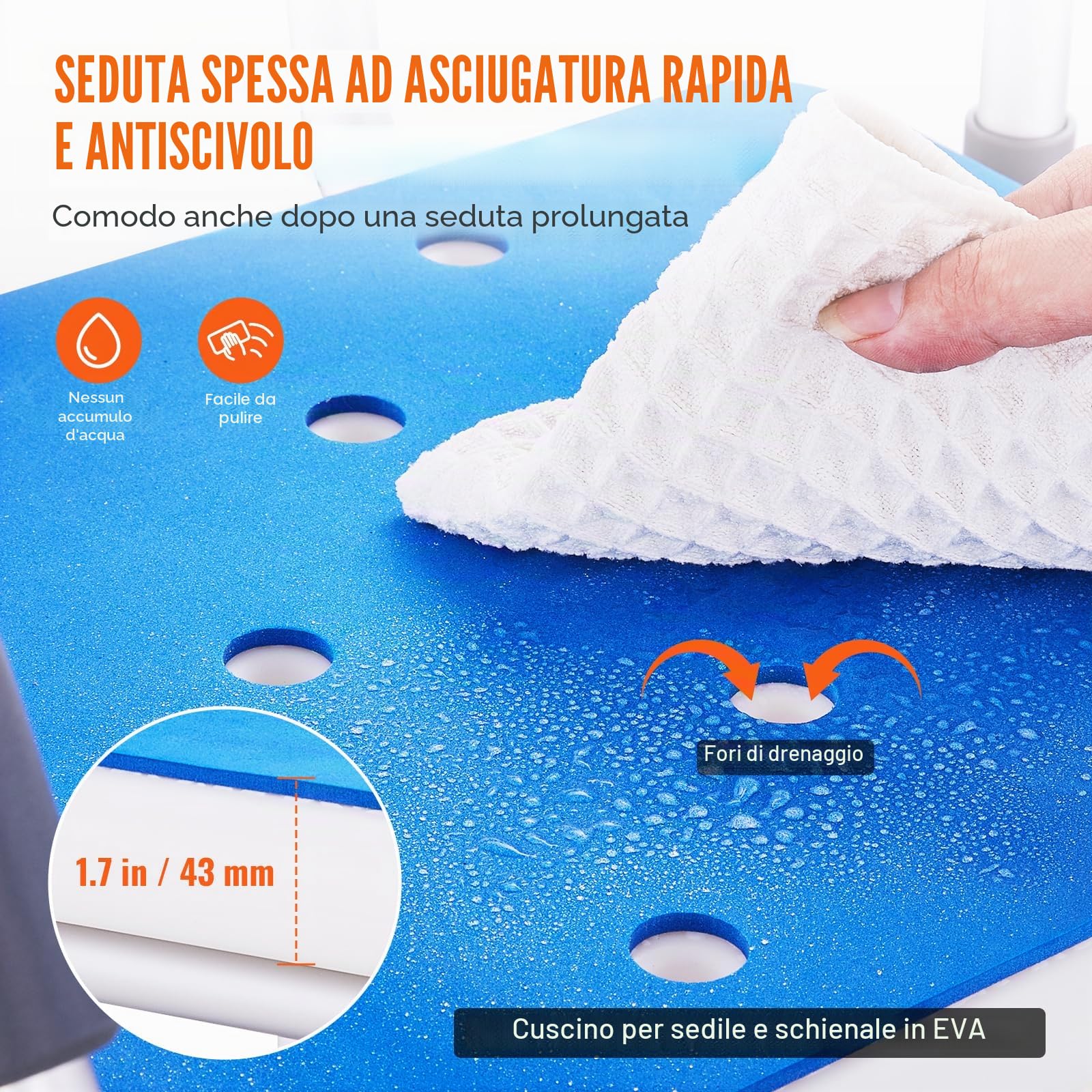 VEVOR Sedia da Doccia Girevole a 360 Gradi, Regolabile, Antiscivolo, per Vasca da Bagno, Capacità 180 kg, Blu+bianco