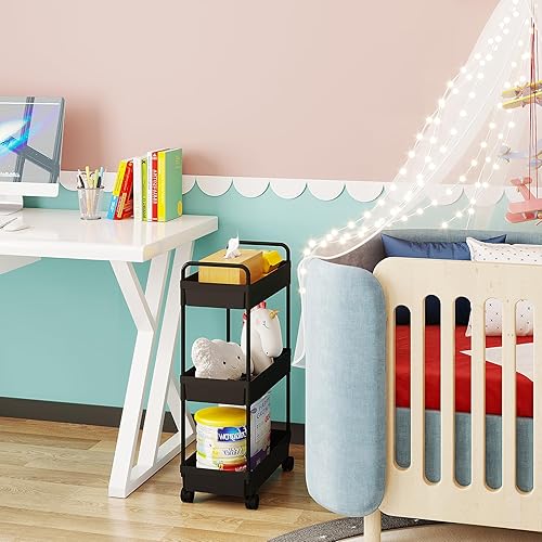 Miniatura 37 de Buzowruil Carrito de almacenamiento rodante de 3 niveles, organizador de estantería móvil, carrito utilitario con ruedas para cocina, baño,