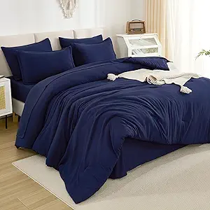 Litanika King Size Comforter Set Navy Blue - 7 Pieces Bed in a Bag King Bedding Comforter Sets, Solid Lightweight Bed Set with Comforter, Sheets, Pillowcases & Shams