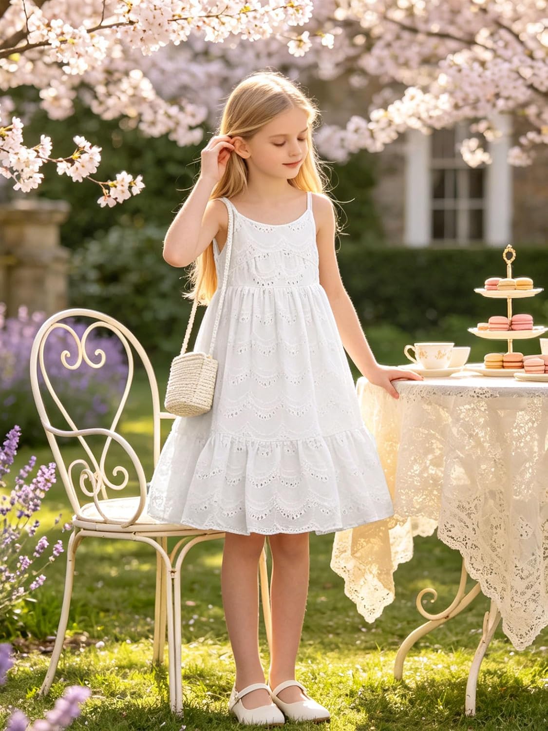 Girls Dresses Eyelet Lace Dress Spaghetti Strap Sundress Ruffle Casual Party Dress for Toddler 4-10Y