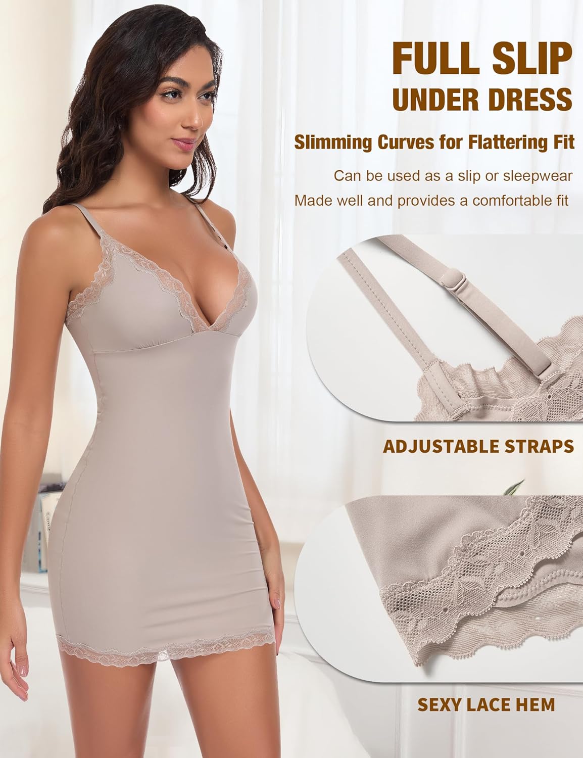 Full Slip for Women Under Dress Slim Slip Dress Adjustable Straps Nightgown V Neck Sleepwear Cami Mini Dress - Image 2