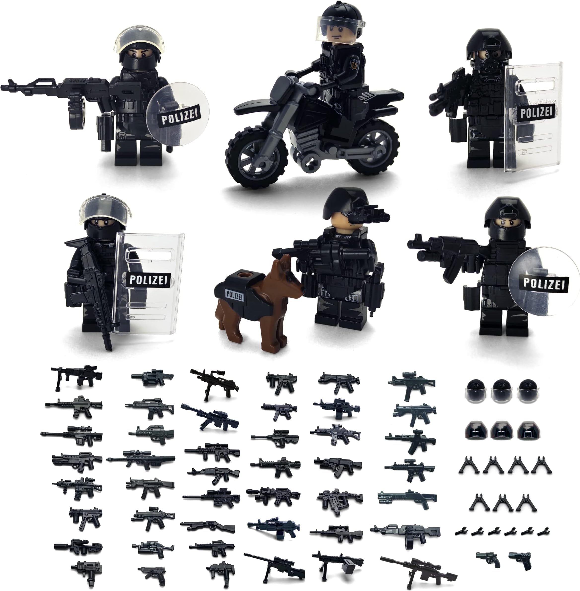 Toysvill SWAT Military Police Building Block Kit | Motorcycle & Soldiers Minifigures (Classic Set of 6 PCS) with Dog, Modern Weapons and Accessories Gift