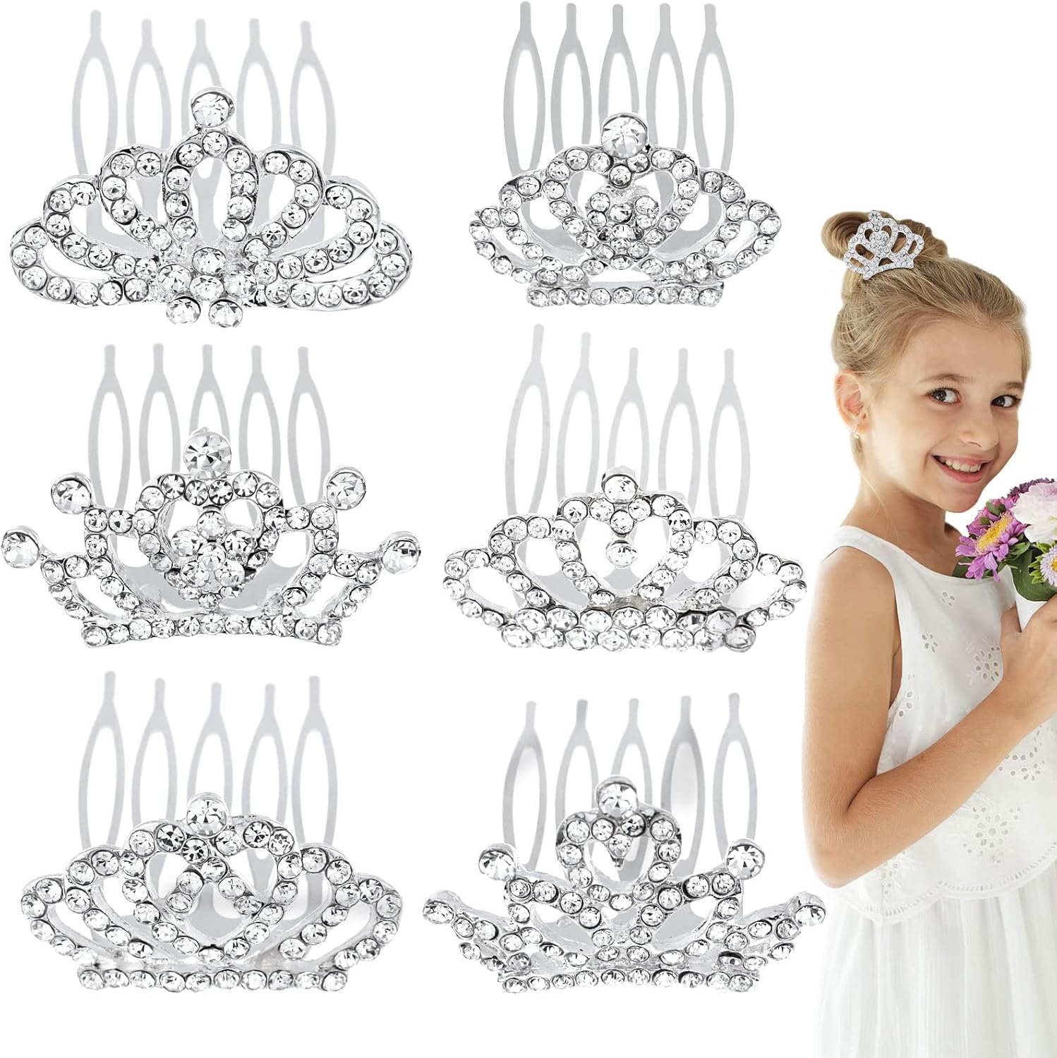 Princess Crown Comb Set for Girl 18 Pcs Silver Tiara Crown with Comb Crystal Tiara Headband Rhinestone Hair Piece Toddler Bride Hair Accessories for Birthday Party Photography Young Teens Gifts
