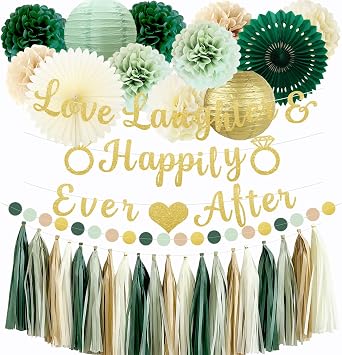 Sage Green Bridal Shower Decorations with Love Laughter Happily Ever After Banner, Tissue Pom poms, Paper Tassel, Circle Garland, Paper Lantern for Wedding Bachelorette Party Decorations