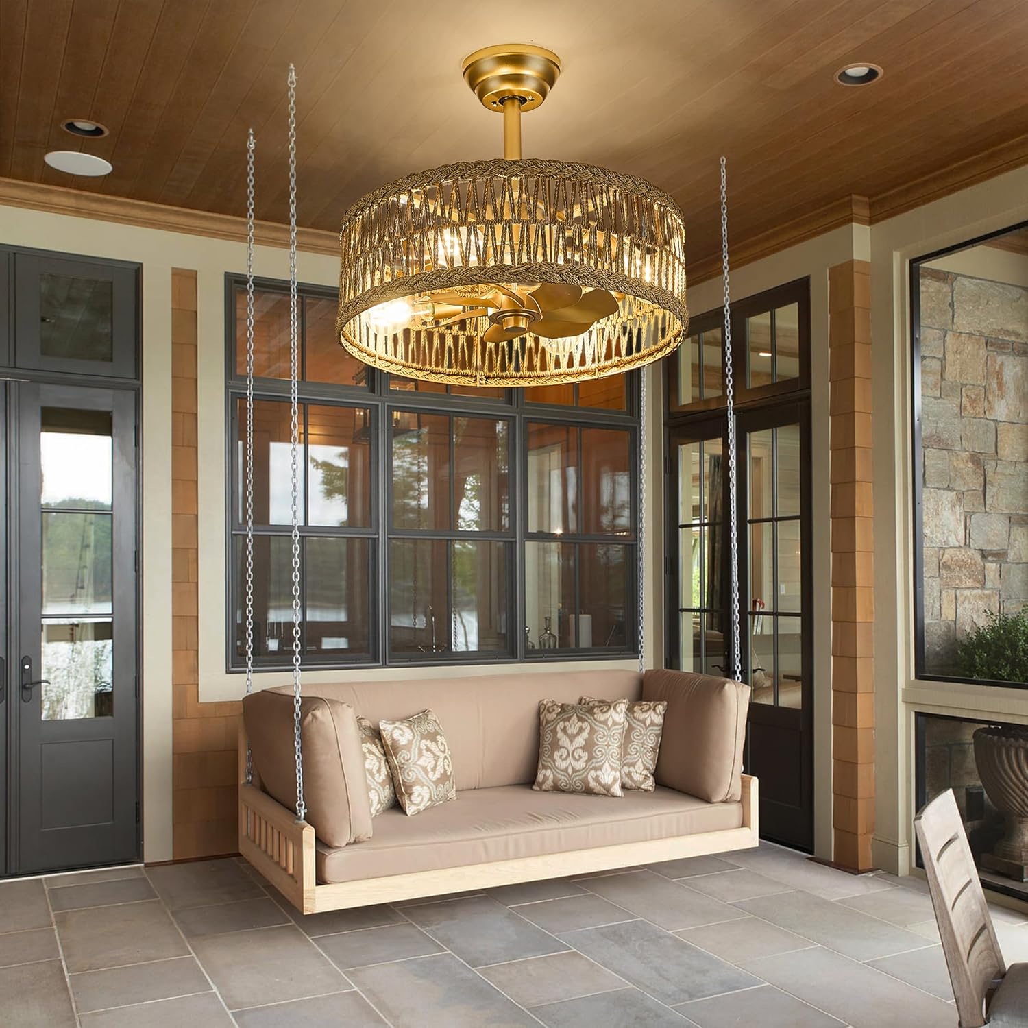 20 inch Gold Semi Flush Mount Rattan Ceiling Fan Light Fixture, Drum Shade with 7 Transparent Blades,Remote Control, E26 Base, Reversible Motor, Farmhouse Boho Style