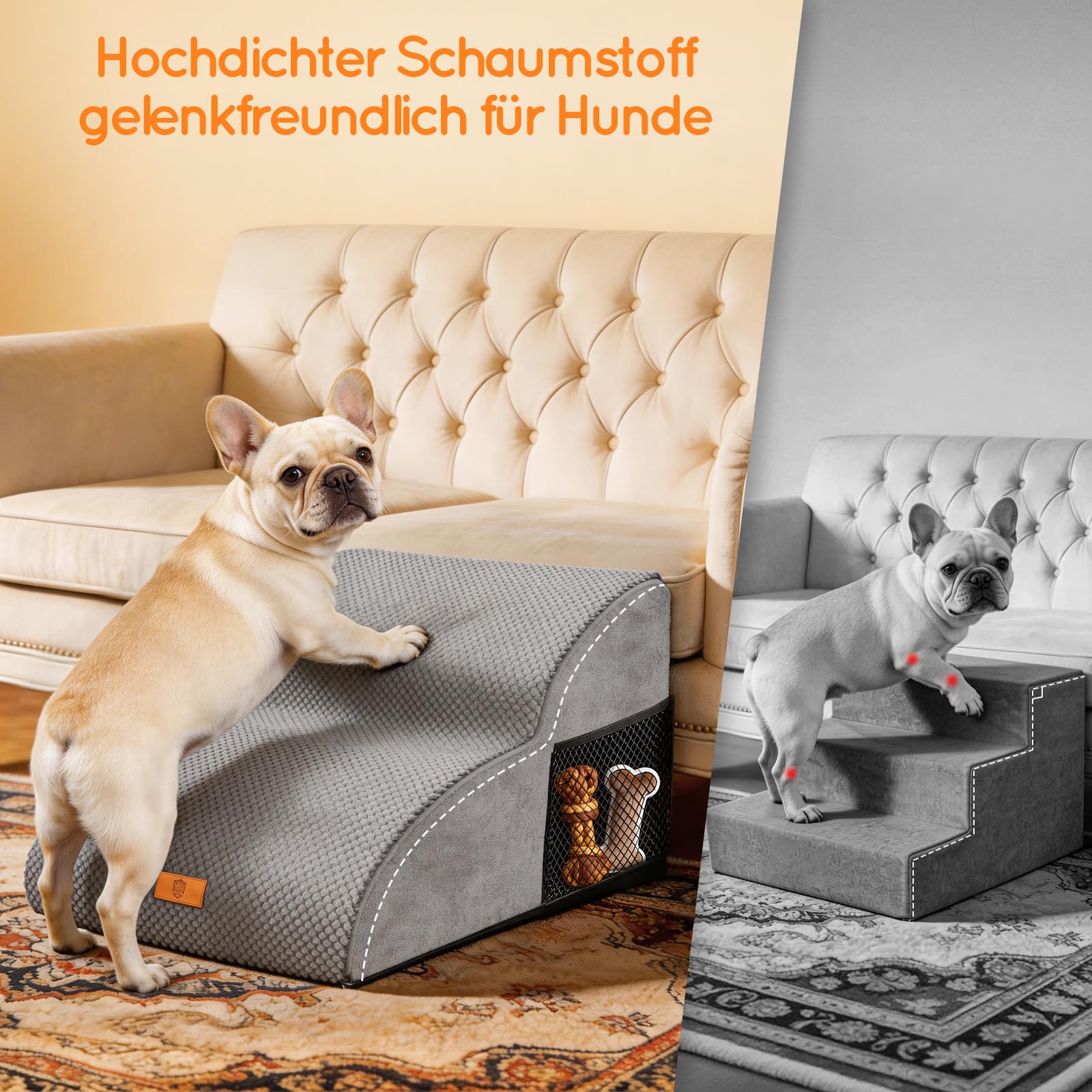 Hundetreppe - 2 Stufen verlängerte Rampe für kleine Hunde & Katzen - rutschfest - Wasserdicht - Abnehmbarer waschbarer Bezug - gelenkschonend für Sofa und Bett