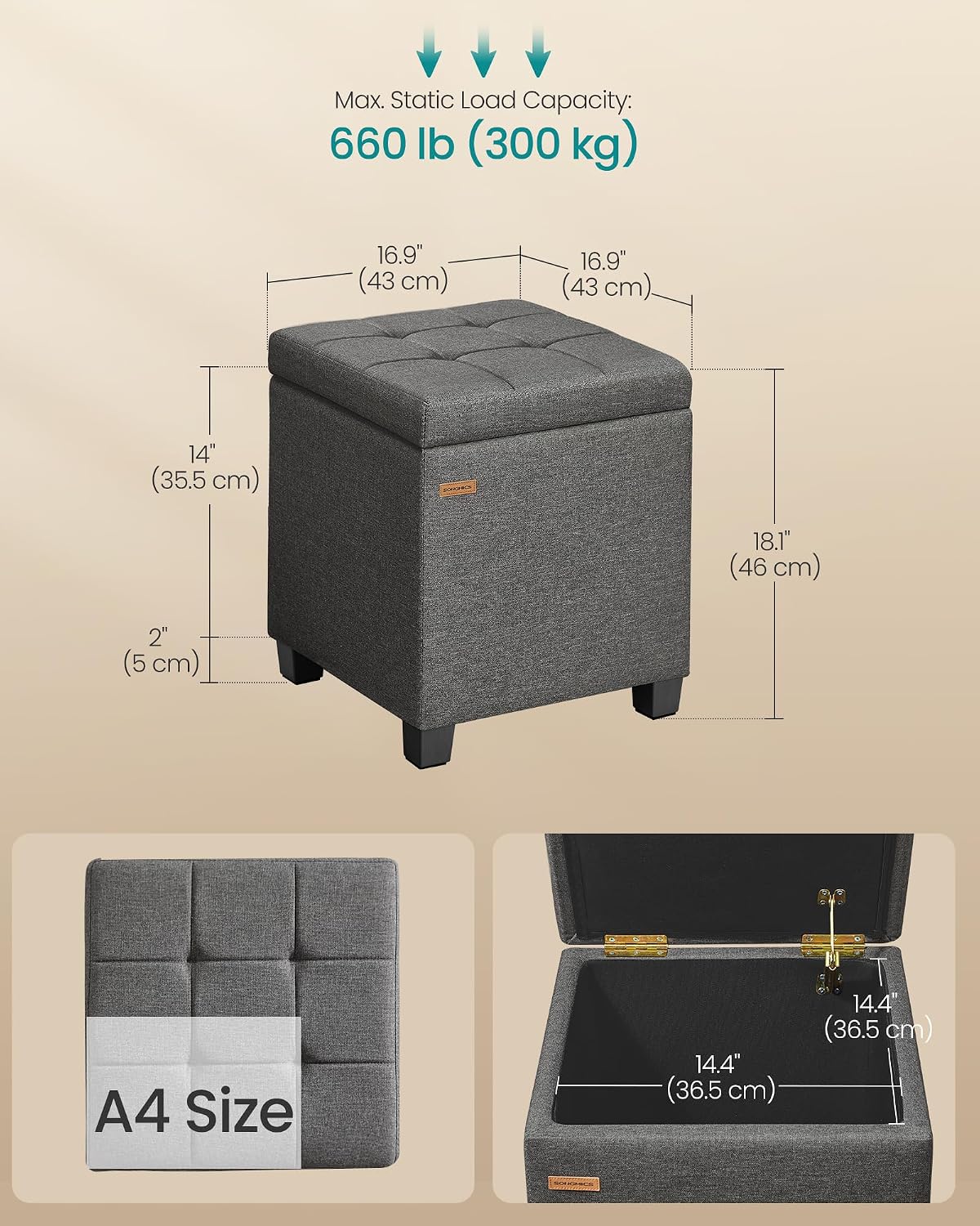 SONGMICS Square Storage Ottoman, Foot Stool Footrest with Legs, Ottoman Cube with Hinged Lid, for Living Room, Bedroom, 16.9 x 16.9 x 18.1 Inches, Linen-Look Fabric, Slate Gray ULOM509GN01