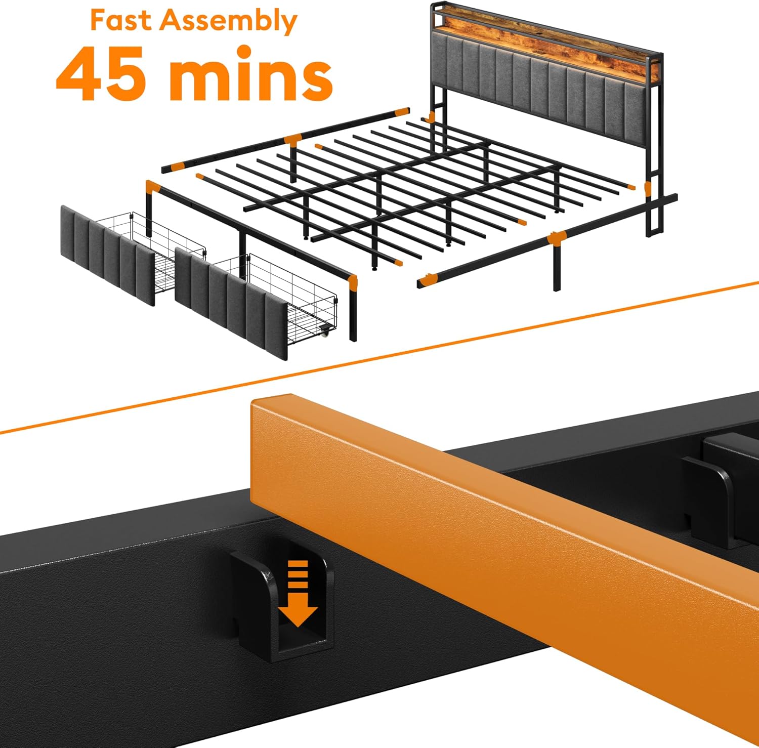 Diagram showing the disassembled components of the bed frame and the assembly process.