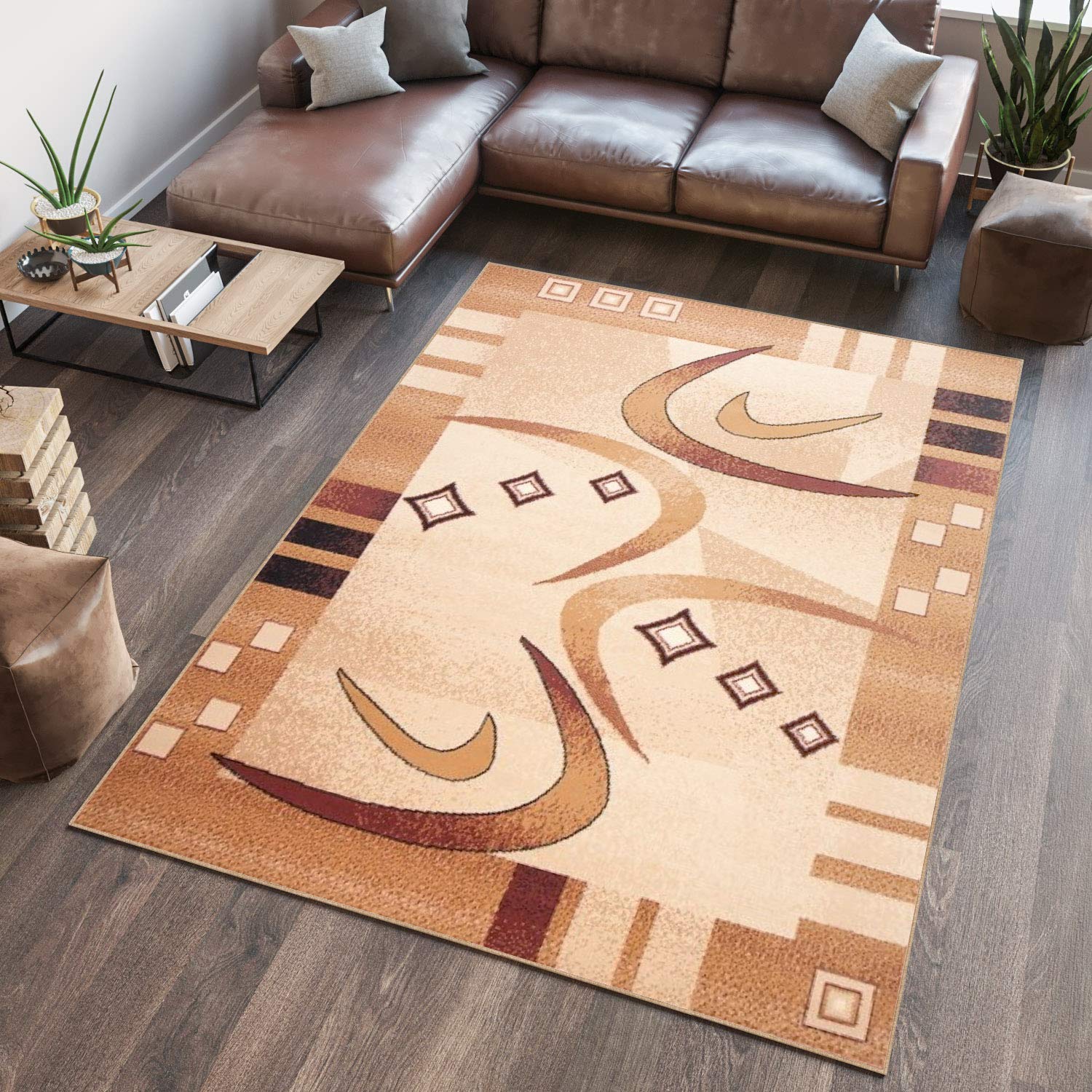 TAPISO Atlas Tapis Poils Ras Moderne Crème Beige Marron Géométrique Vagues Bordure Tapis Salon Chambre Adulte Salle à Manger Bureau Oeko-TEX Résistant 160 x 230 cm