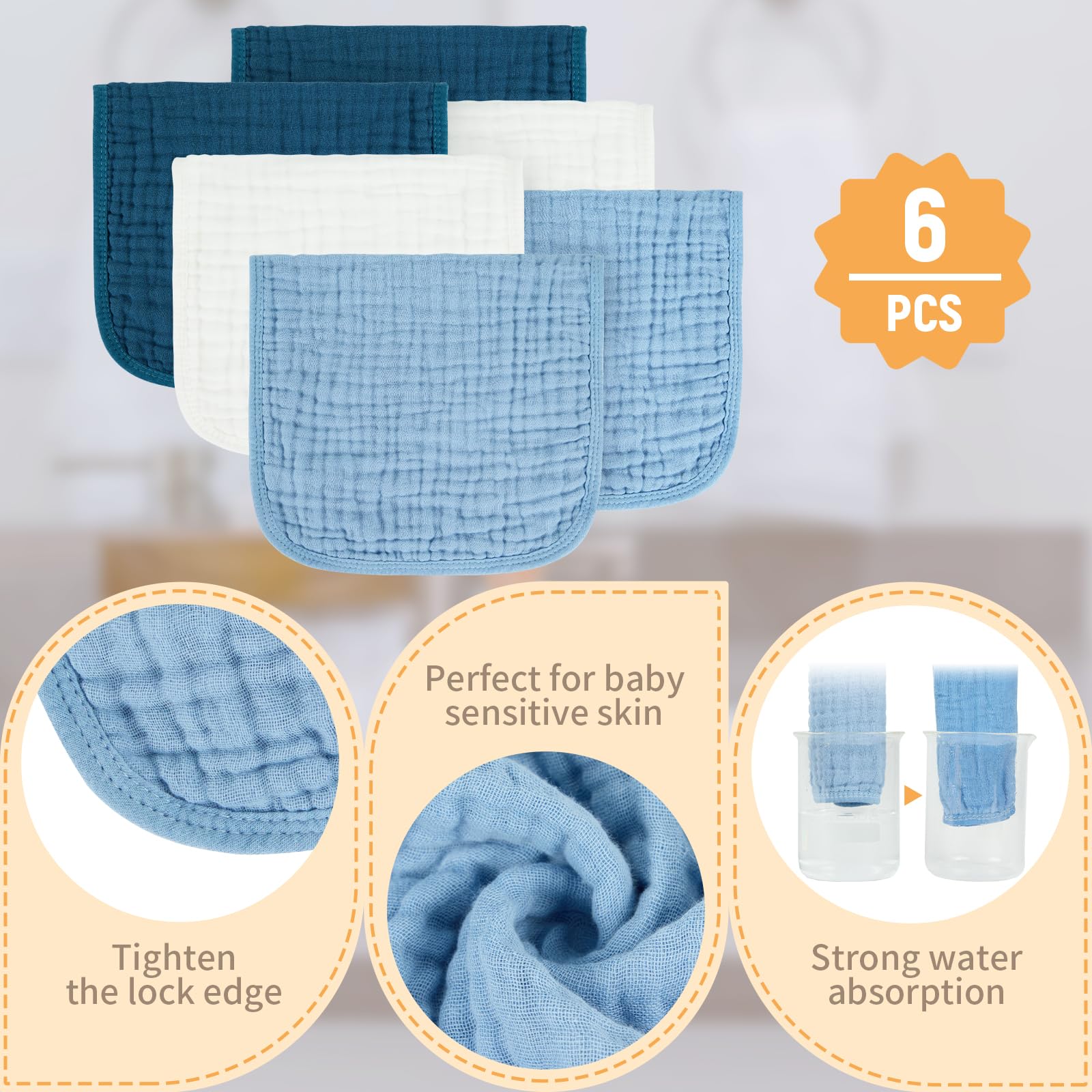 MIGIOL Baby Burp Cloths 100% Cotton Newborn Muslin Burp Cloths 10x20 inches Baby Essentials White & Blue 6-Pack view 3