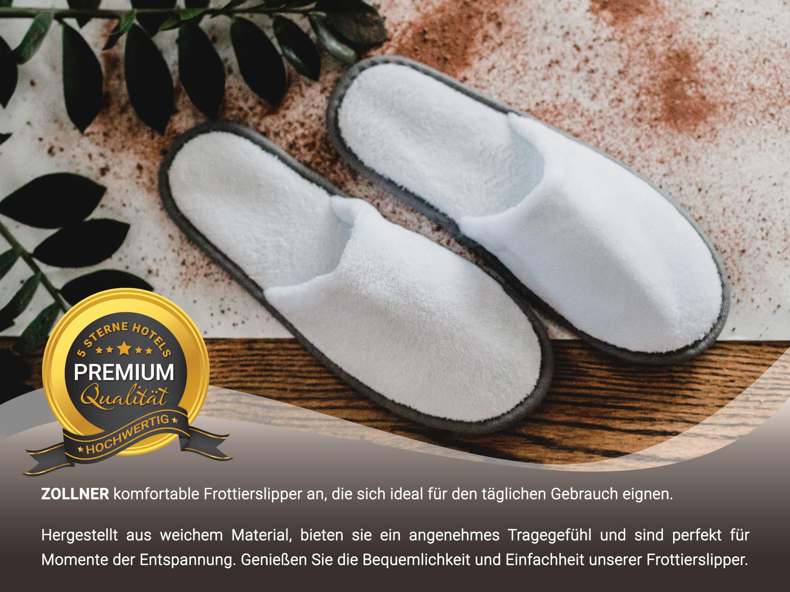 ZOLLNER Einwegslipper in weiß mit grauem Rand - Frottierslipper für Reise, Spa und Zuhause - rutschhemmende Noppensohle - geschlossene Spitze - Einheitsgröße - Hotelqualität, 506