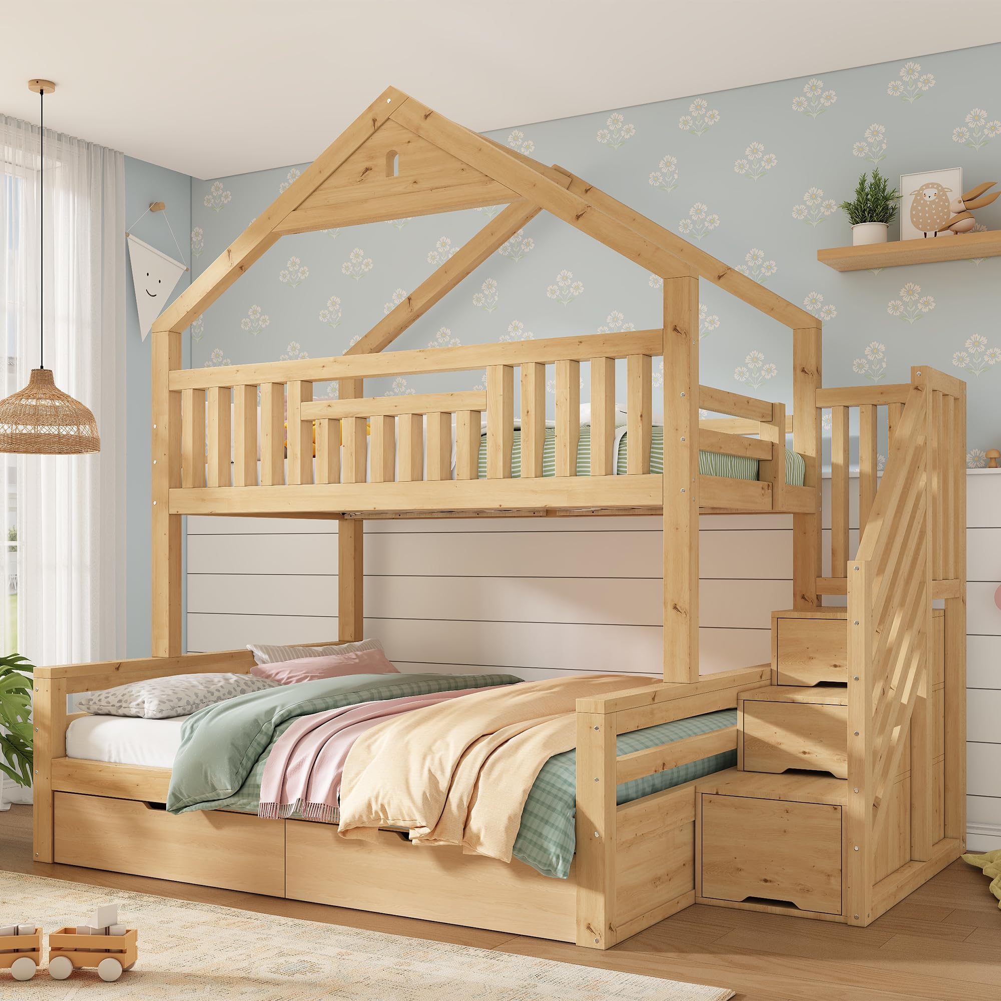 Shye Letto a castello per bambini, 90 x 200 e 140 x 200 cm, in legno con scale, 2 cassetti, tetto a battente, letto familiare, colore rovere (senza materasso)