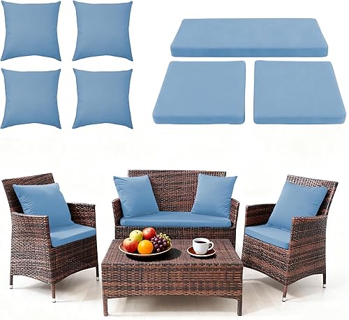 Fundas de cojín para patio al aire libre, juego de 3 fundas de cojín de tela elástica (azul polvoriento, 3 fundas de cojín de asiento, 4 fundas de