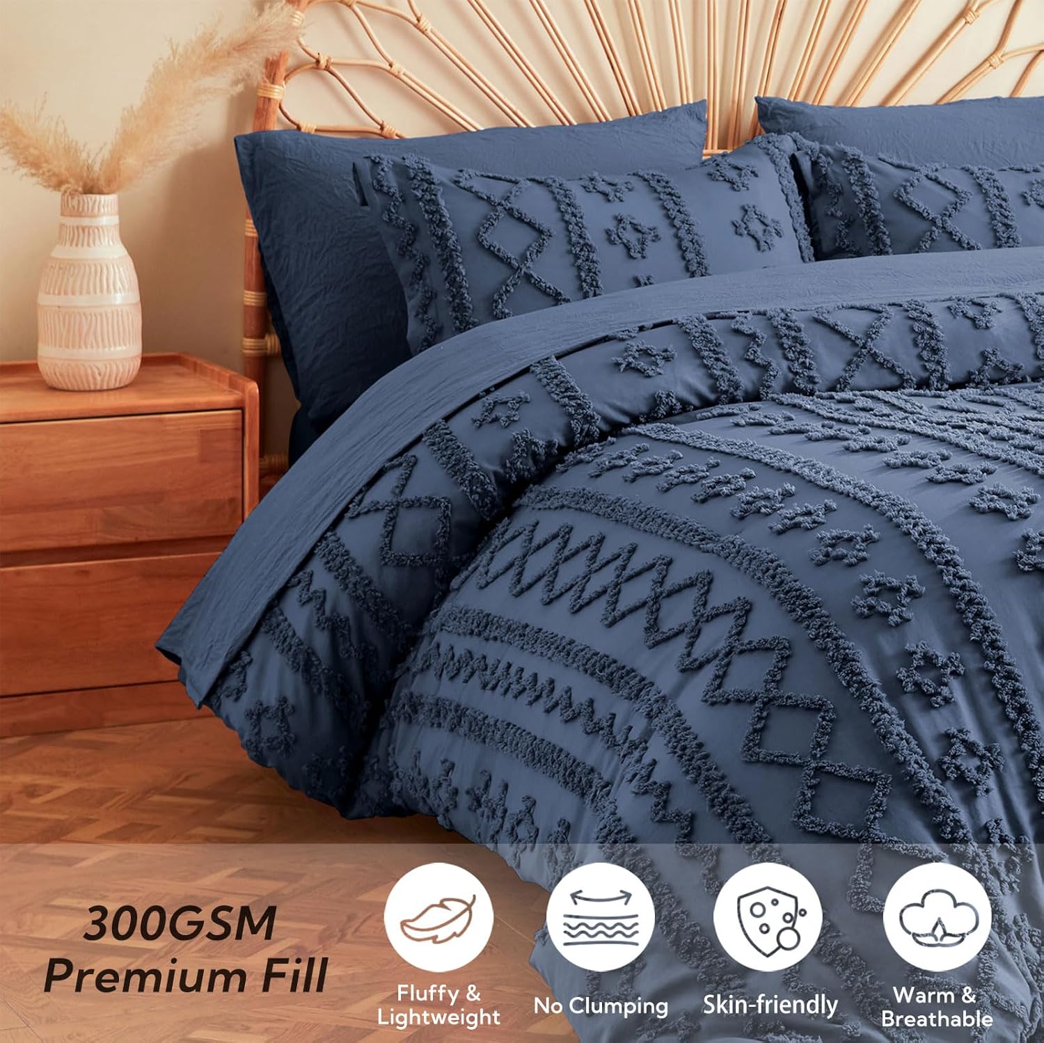MR&HM Queen Comforter Set Navy Blue, 7 Pieces Tufted Boho Beddding Sets, Farmhouse Style Bed in a Bag with 1 Comforter, 2 Pillow Shams, 2 Pillowcases, 1 Flat Sheet, 1 Fitted Sheet for All Seasons - Image 4