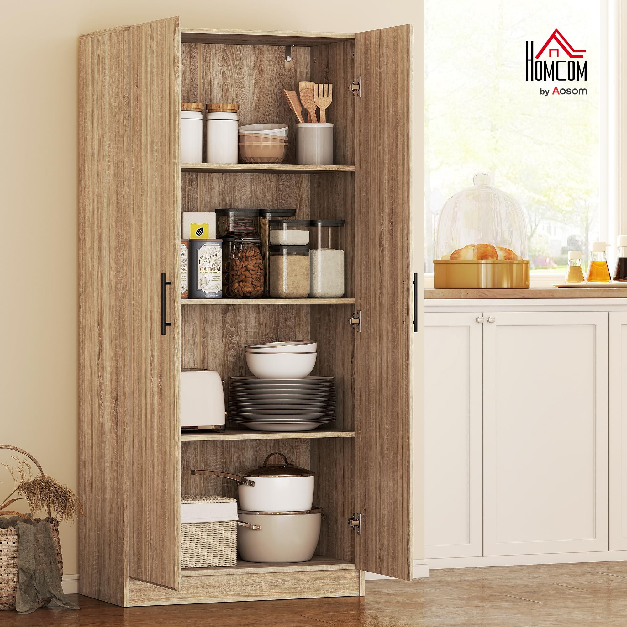 HOMCOM Credenza Cucina con Ante a Chiusura Ammortizzata, Dispensa Cucina con 2 Ripiani Regolabili, Mobile Dispensa per Soggiorno, Sala da Pranzo, Salotto, 75x40x165 cm, Color Legno