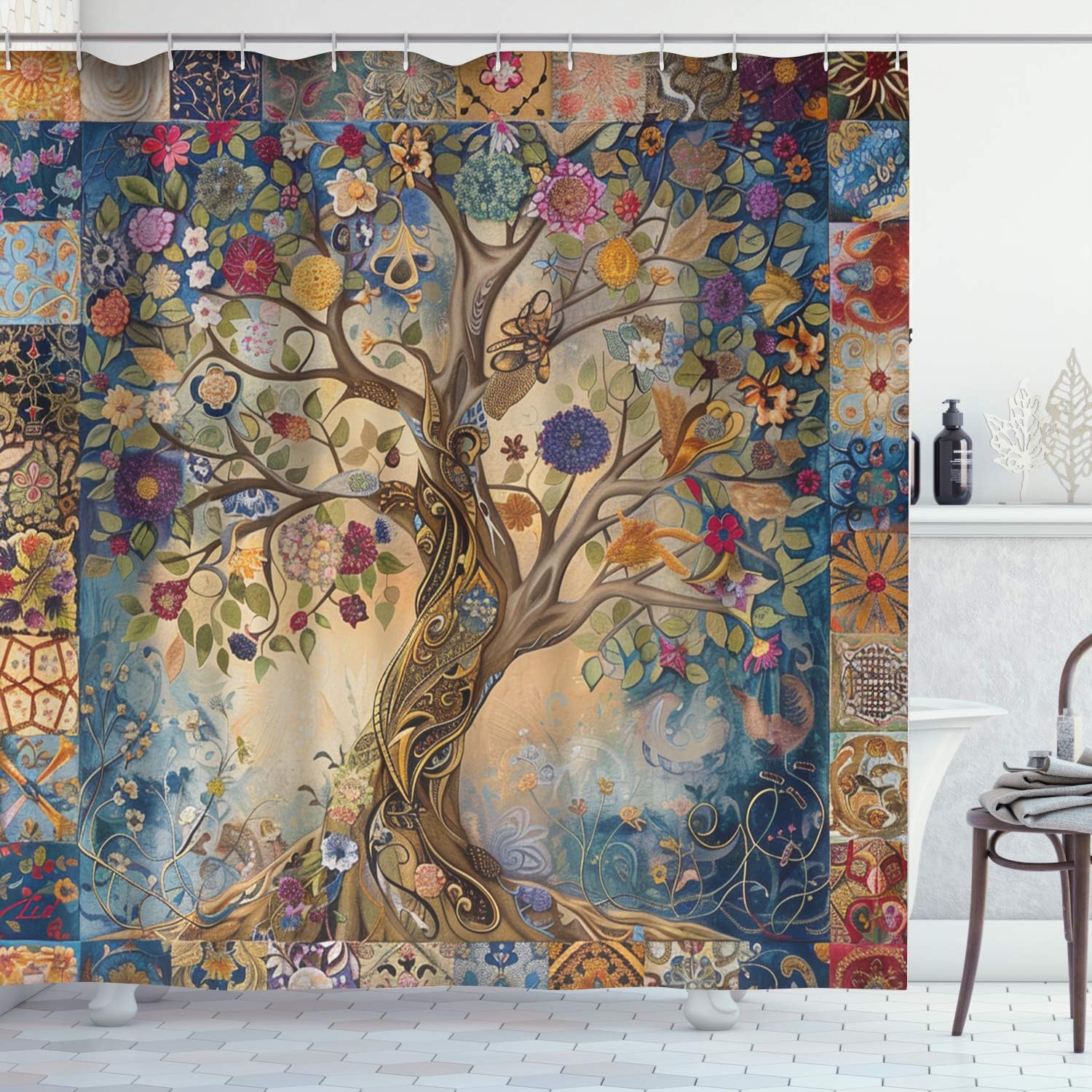 365CUSGIFTS Tree of Life Shower Curtain, Linen Rustic Weighted Striped Cloth Shower Curtain Set with Tassel, Water Repellent Vintage Country Fabric