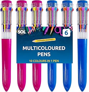6pk SOL 10 in 1 Multi Coloured Pens All In One | Multicoloured Pen with 10 Vivid Ink Colours | Retractable Multi Colour Pen School Pens for School Gift | Switchable Multi Pen Biros Multicolour Pen