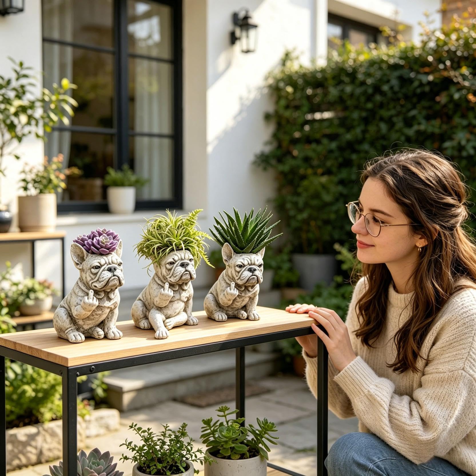 Pot de fleurs amusant en forme de bouledogue français, pot de fleurs créatif en résine, décoration de jardin, statue de chien, pot pour plantes d'extérieur (blanc_D)