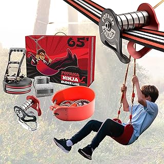 Fofana Ninja Slider Slackline Pulley Kit - 65 Ft. Slack Line Zip Ninja Course - Includes Slackline, Slider Pulley, and Swing - Ninja Warrior Obstacle Course for Kids - Sports & Outdoor Play Toys