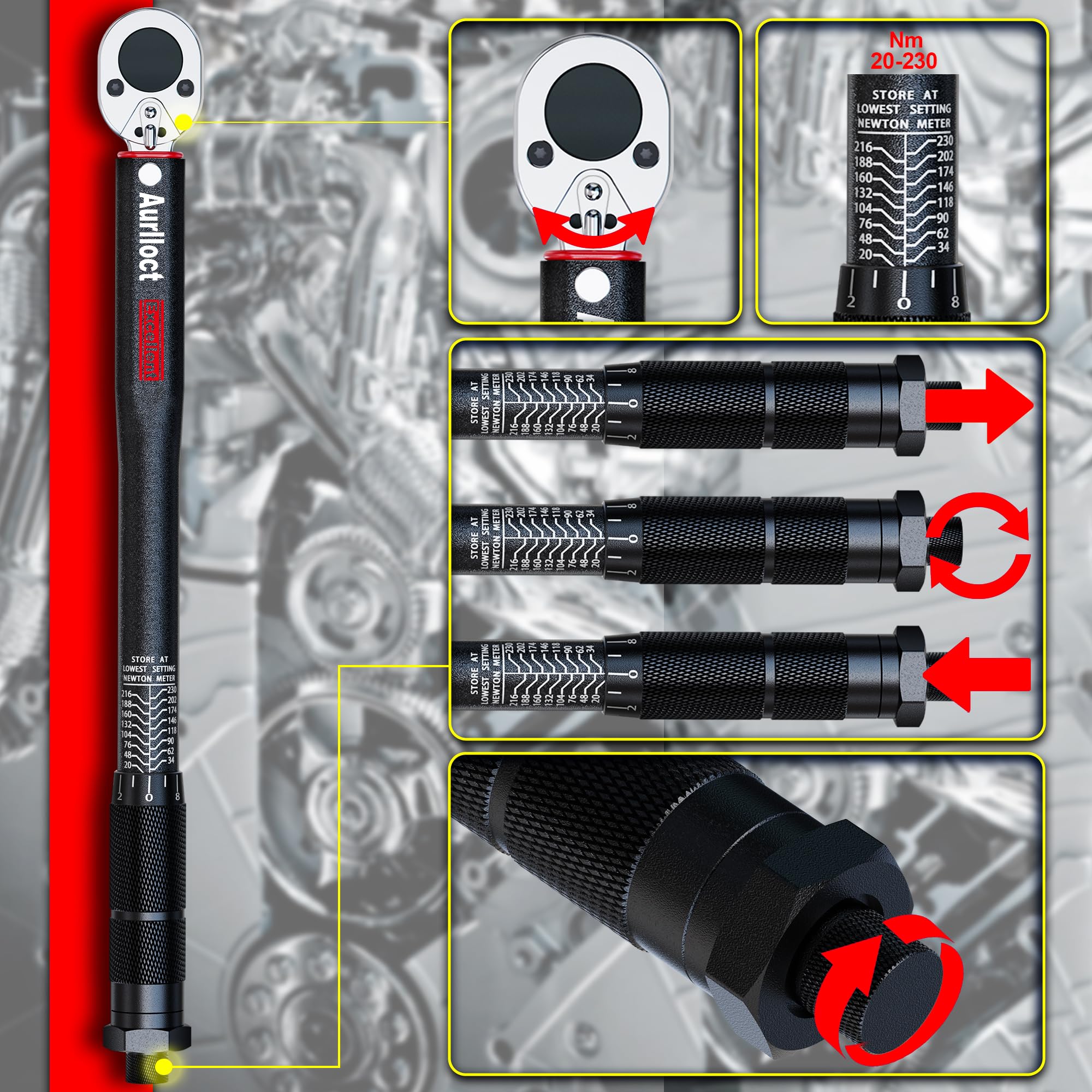 Juego de Llave Dinamométrica 1/2 Pulgada, 20-230 Nm Chave Dinamométrica, Incluye Extensión de 12.5 cm, Precisión ±3% para Coche y Rellenar las Ruedas, 6 Piezas