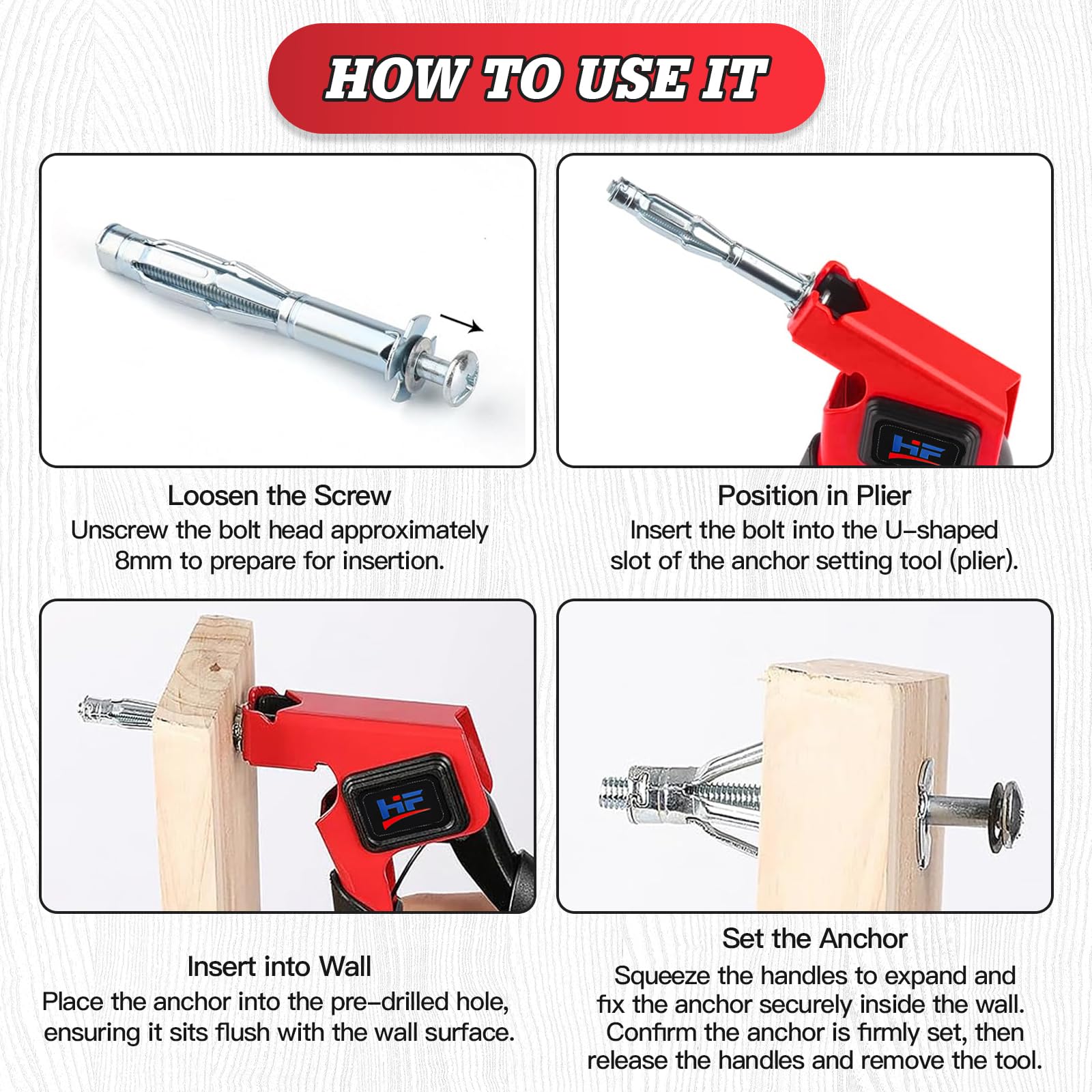 Kit de Anclajes de Pared Hueca, Herramienta de Ajuste de Metal Resistente con 30 Unidades en 5 Tamaños (M4/M5/M6) y Guantes de Trabajo, Ideal para Pladur, Paredes Huecas y Madera Contrachapada