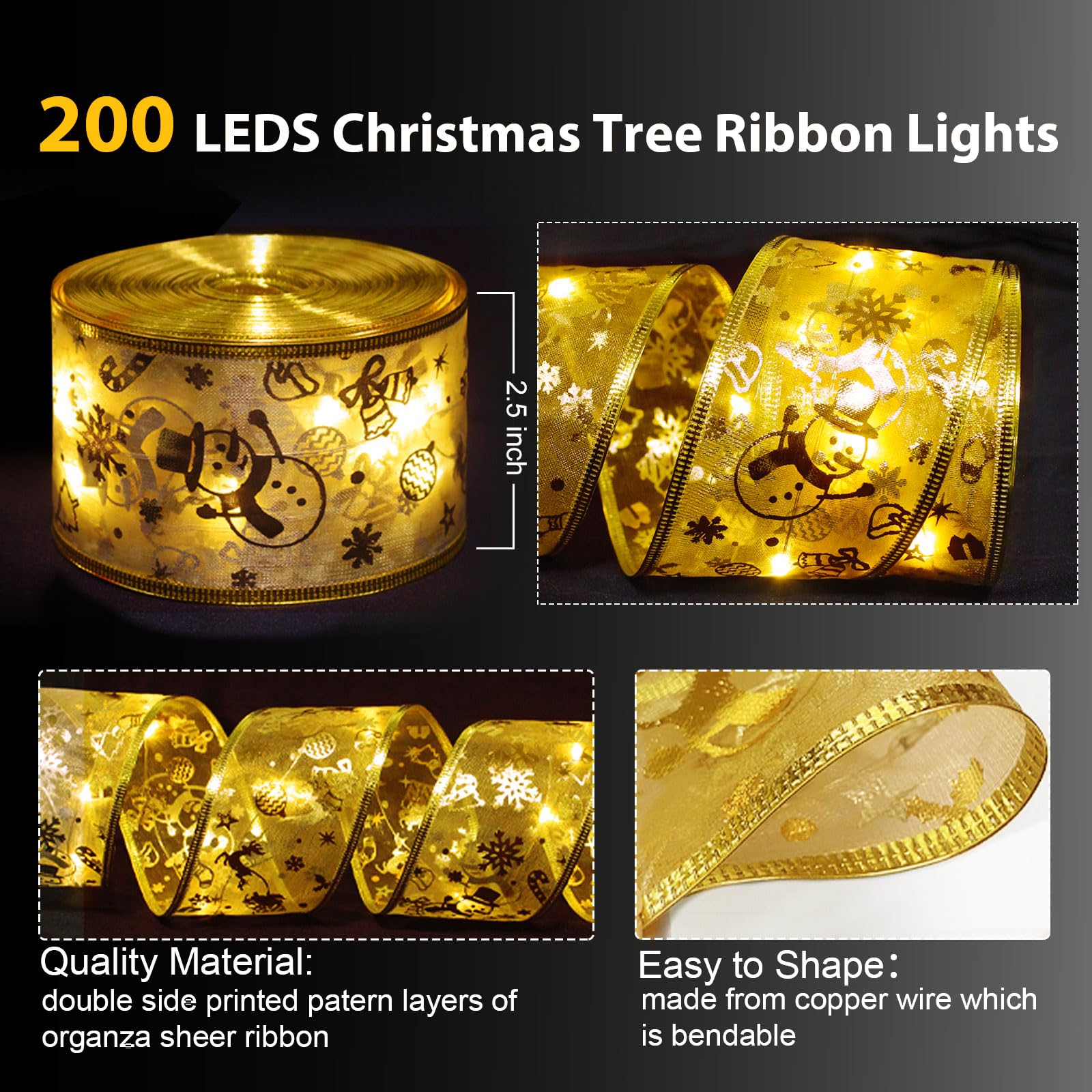 Vloso Christmas Tree Ribbon Lights for Christmas Tree Decorations-2.5Inch 66 Ft 200 Led Lighted Ribbon for Christmas Tree with Remote&Timer 8 Modes,Battery & USB Powered String Lights