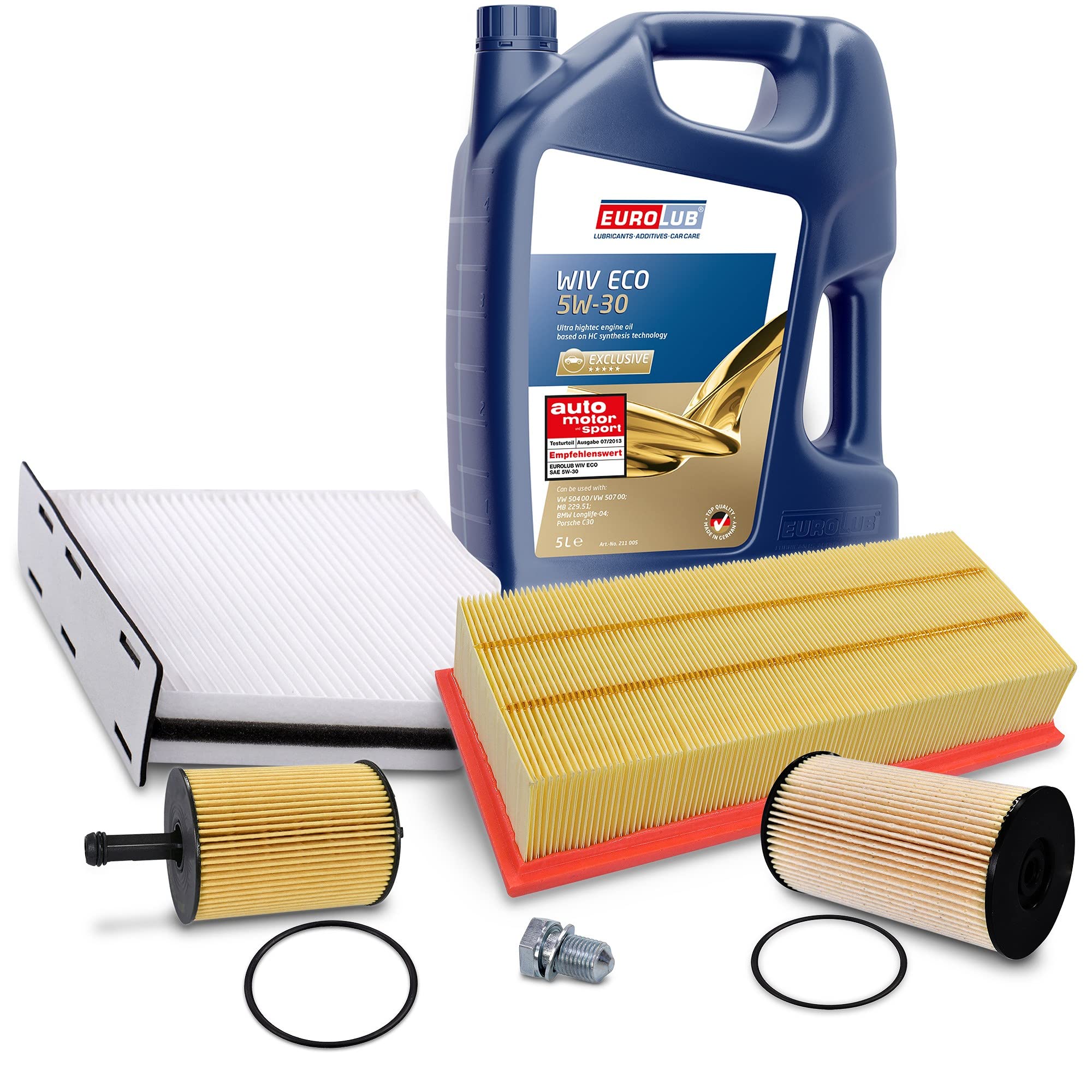 BESTPRICE Inspektionspaket Filterset mit 1x Luftfilter, 1x Innenraumfilter (Pollenfilter), 1x Ölfilter, 1x Kraftstofffilter, 1x Ölablassschraube inkl. Dichtring, 5l Motoröl 5W-30 EUROLUB