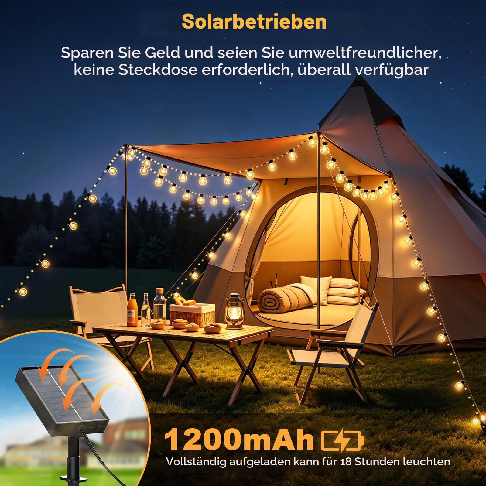 Solar Lichterkette Outdoor Solarlampen 20m mit 200 LEDs inkl. 40 Glühbirnen | Lichterkette Außen Solar Dimmbare mit Fernbedienung & 8 Modi, Solarlichterkette IP44 Wetterfest für Garten Balkon Camping