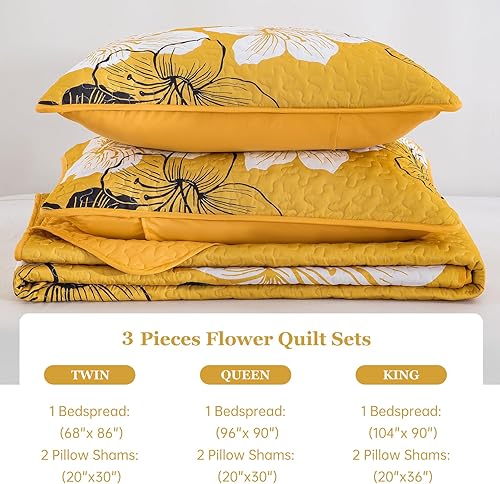 Miniatura 138 de DJY Juego de edredón de 3 piezas, tamaño Queen, con patrón floral amarillo, elegante colcha bohemia con 2 fundas de almohada, juego de ropa de cama