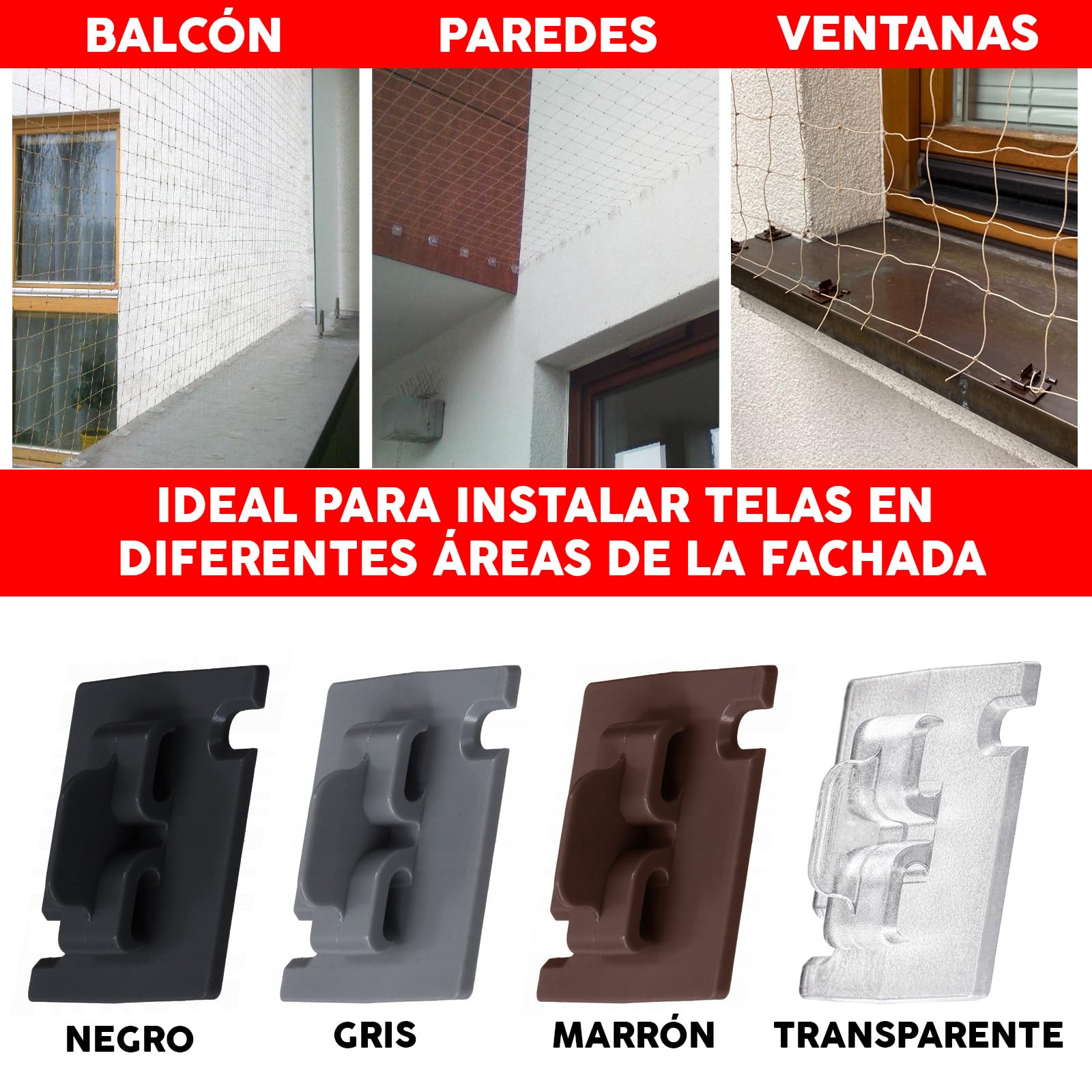 Konzept 11 Ganchos red gatos 70 u. con adhesivo 60 ml, ideales para redes de balcón, color transparente, sin necesidad de taladrar, para uso en exteriores e interiores.