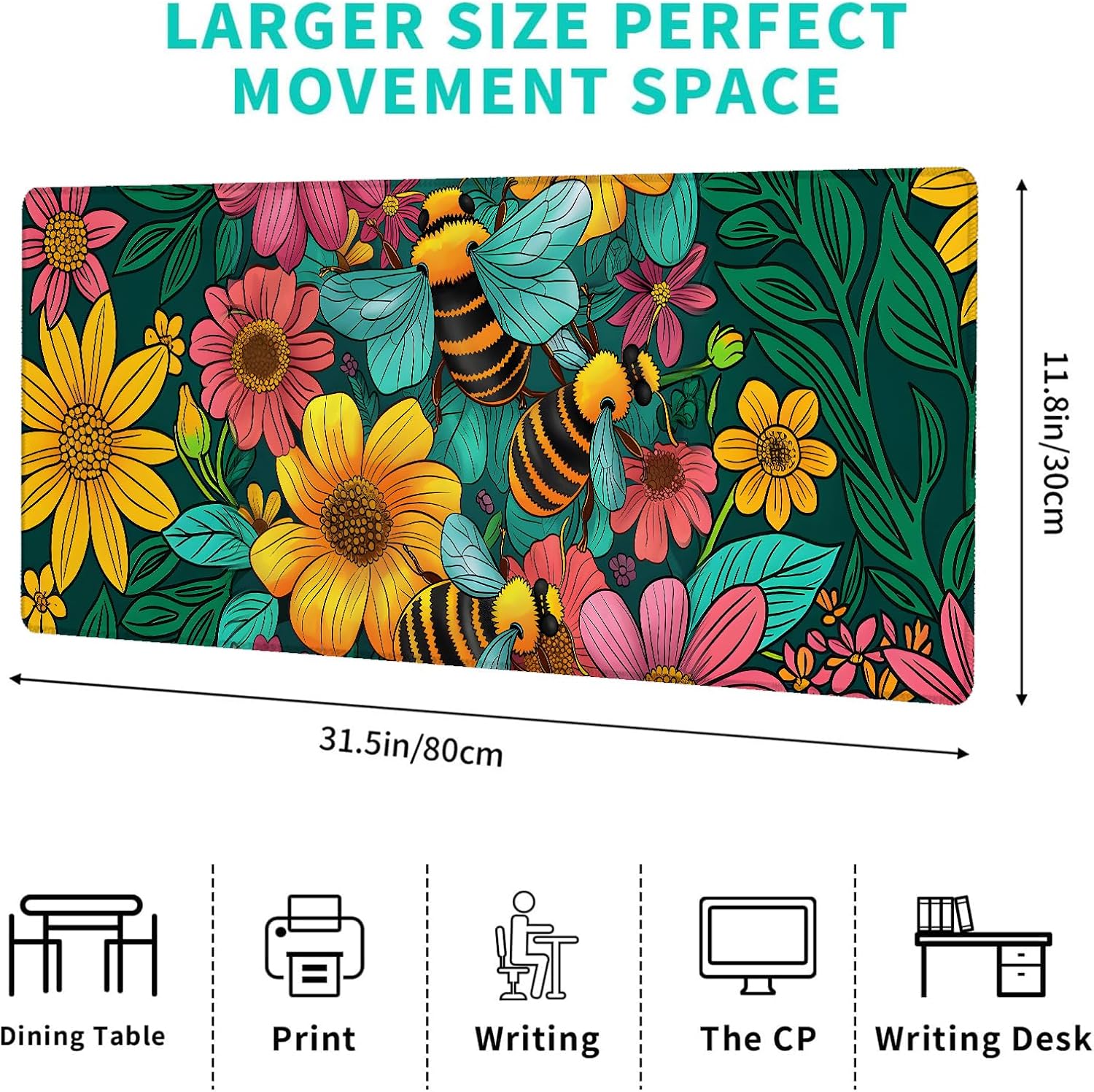 Retro Bee Gaming Mouse Pad,12x31.5in Non-Slip Rubber Flower Vintage Desk Mat,Large Extended Mousepad for Office Home Laptop,Mice Pads Gifts,Game Lover Deskmat Decor (Colorful 02) image 2