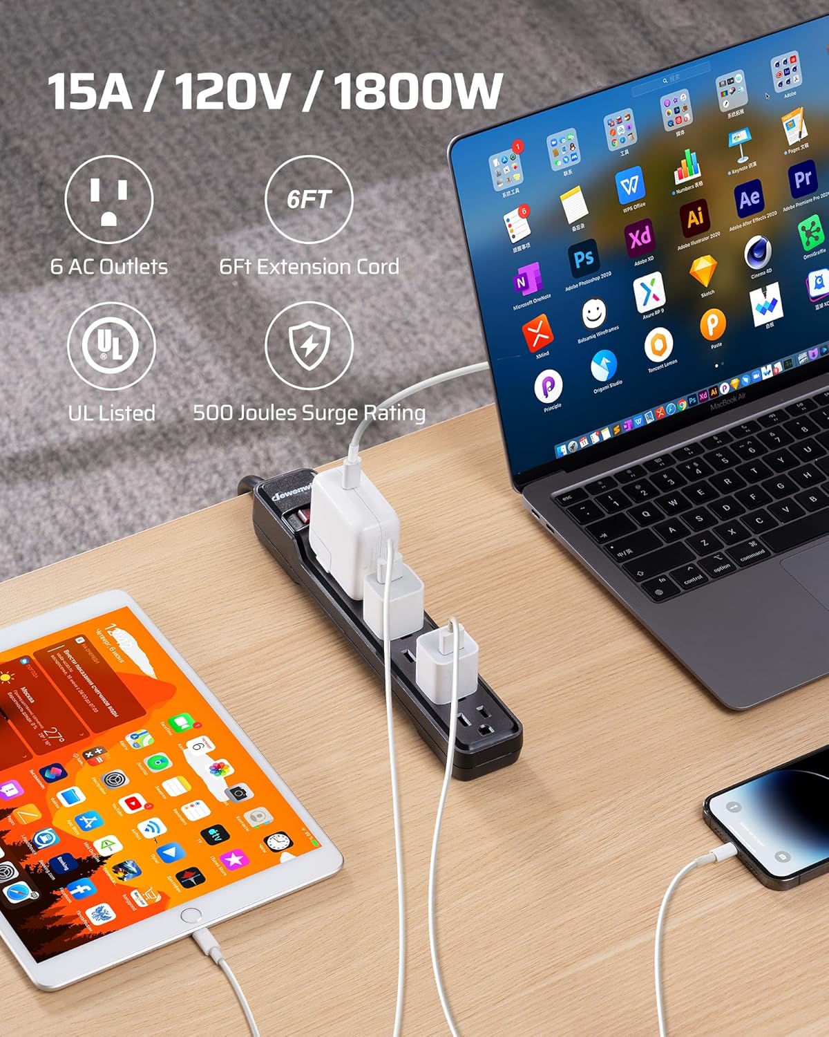 DEWENWILS 6 Foot Long Power Strip, 6-Outlet Power Strip 6FT, 15 Amp Circuit Breaker, Low Profile Flat Plug, Surge Protector for Office, Living Room, Bedroom, 4 Pack, Wall Mount, Black