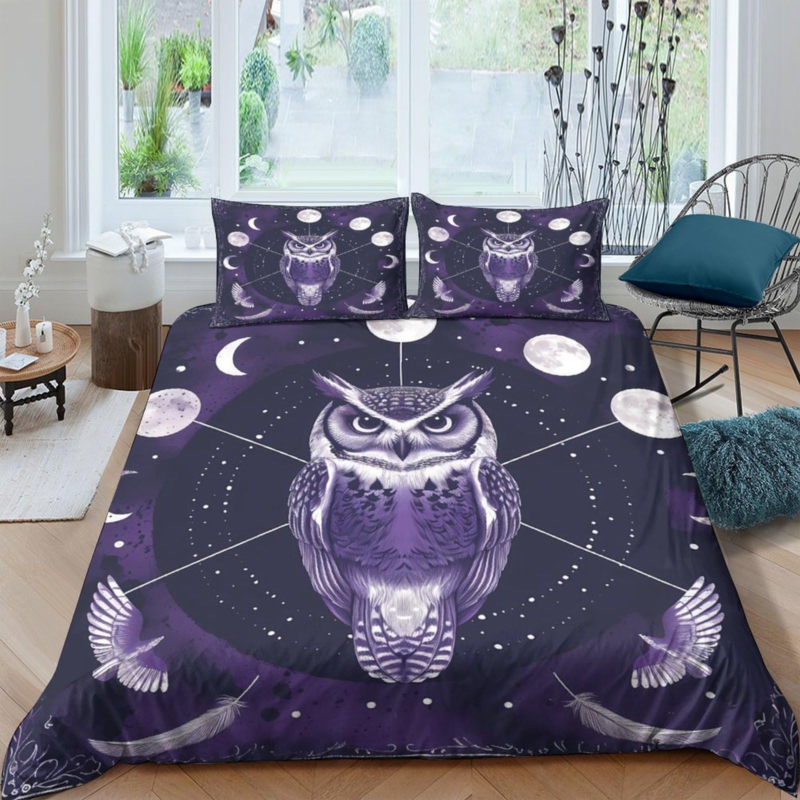 Ctjqhvkz Style-7 3D Printed Purple Owl Moon Fitted Sheet Microfiber Bed Cover Bedroom Decor Anti-Slip Washable For Home Guest Room Single（135X200cm）