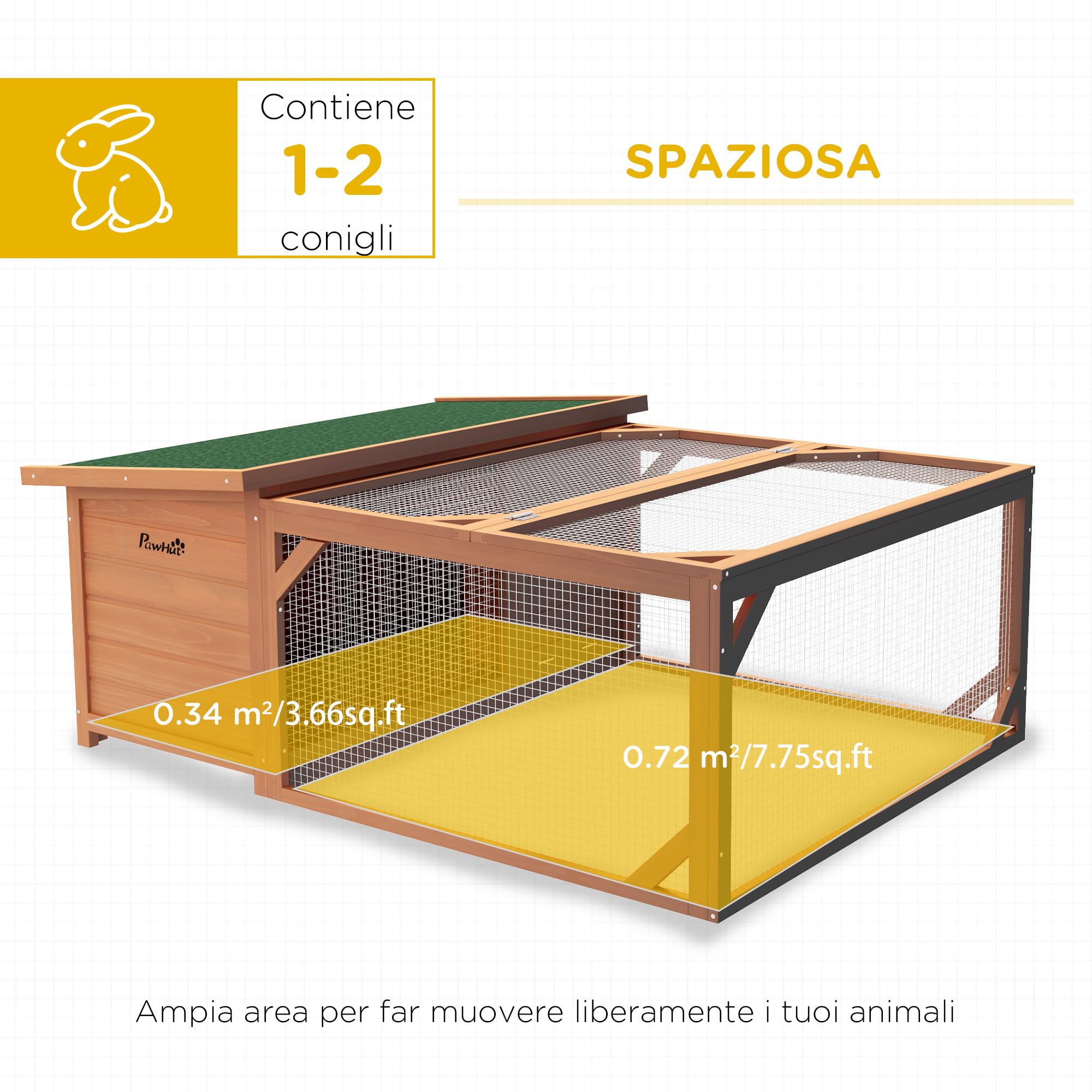 PawHut Conigliera da Esterno e Interno in Legno con Casetta per Conigli e Area Aperta Recintata, 125.5x100x49cm, Arancione