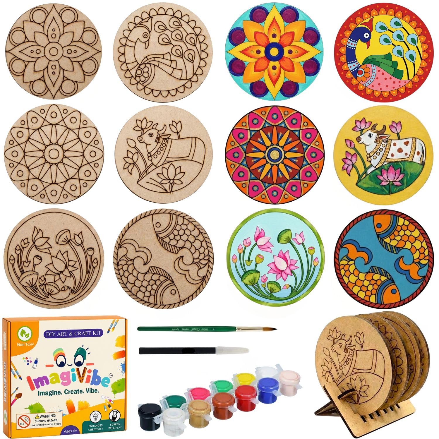 ImagiVibe 3-in-1 Premium Coaster Painting Kit for Kids & Adults | DIY Mandala, Madhubani & Pichwai Art | 6 Pre-Marked Wooden 4 Inch MDF Coasters with Stand | Creative Art & Craft Activity | Gift