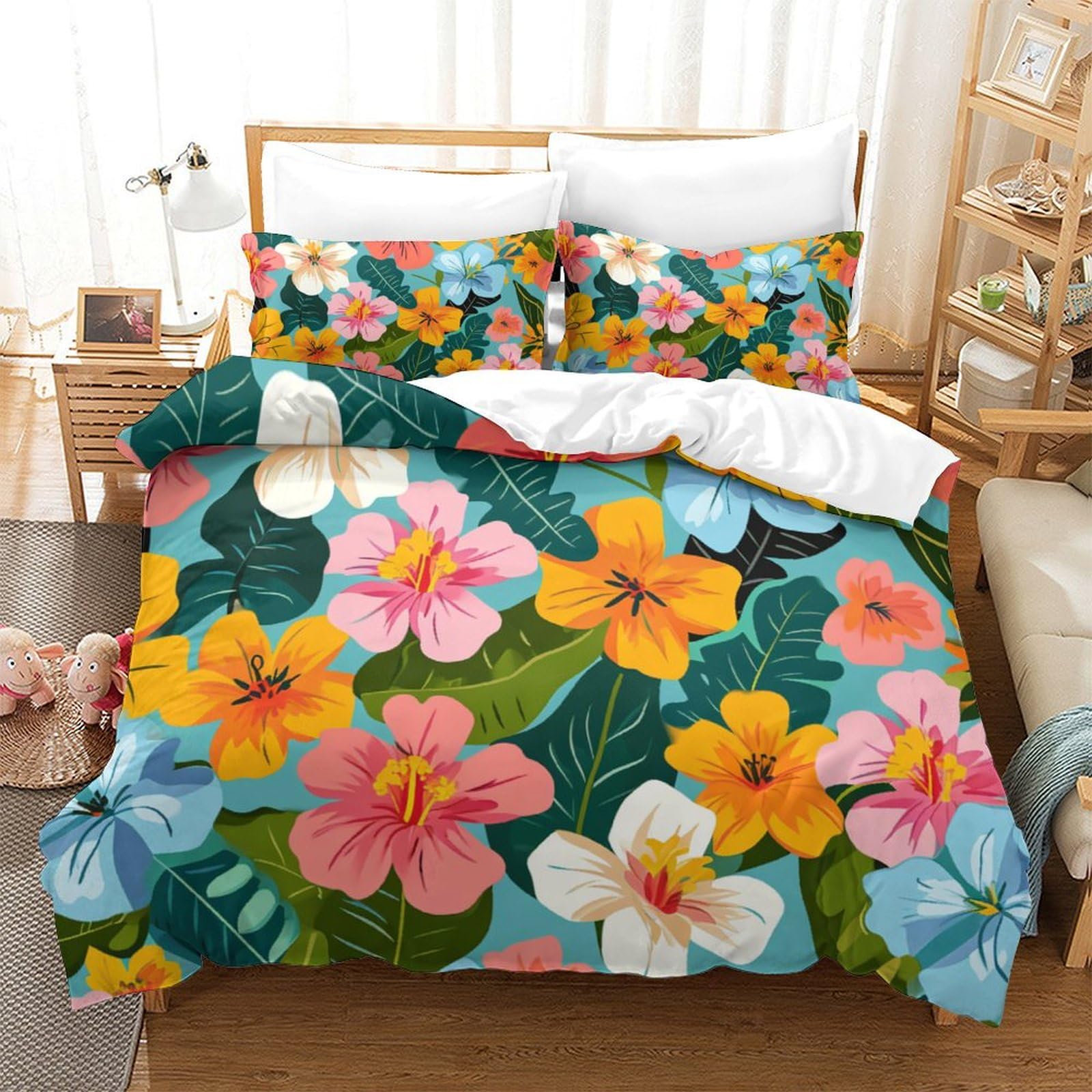 Housse de couette 3D fleurs fermeture éclair, parure de lit anti-plis grand confort 260x220