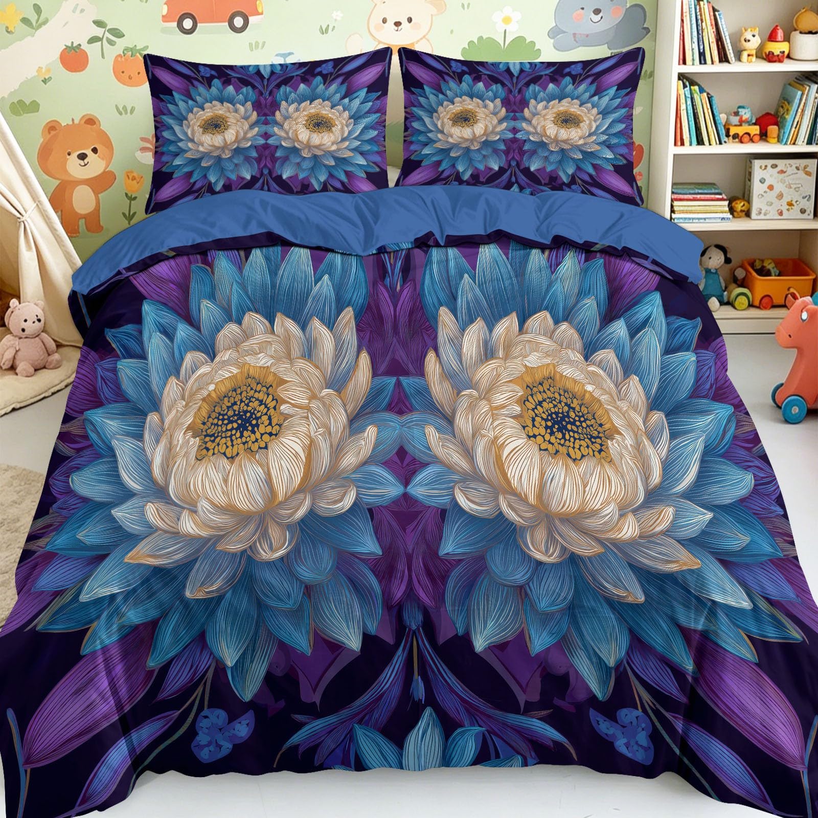 Fioletowa poszewka na kołdrę 150 x 220 cm geometria kwiatowa mandala 3-częściowy zestaw pościeli z miękkiej mikrofibry – odporny na zagniecenia - komplet pościeli z zamkiem błyskawicznym - pościel do