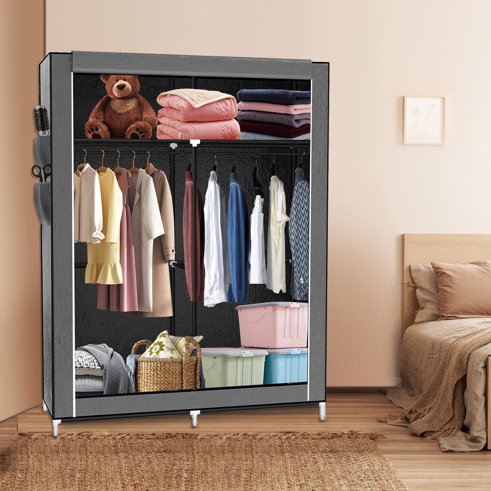 LANTUS Armadietto portaoggetti pieghevole – guardaroba guardaroba in tessuto non tessuto con chiusura a cerniera – guardaroba, armadio da campeggio (105 x 45 x 170 cm, grigio scuro)