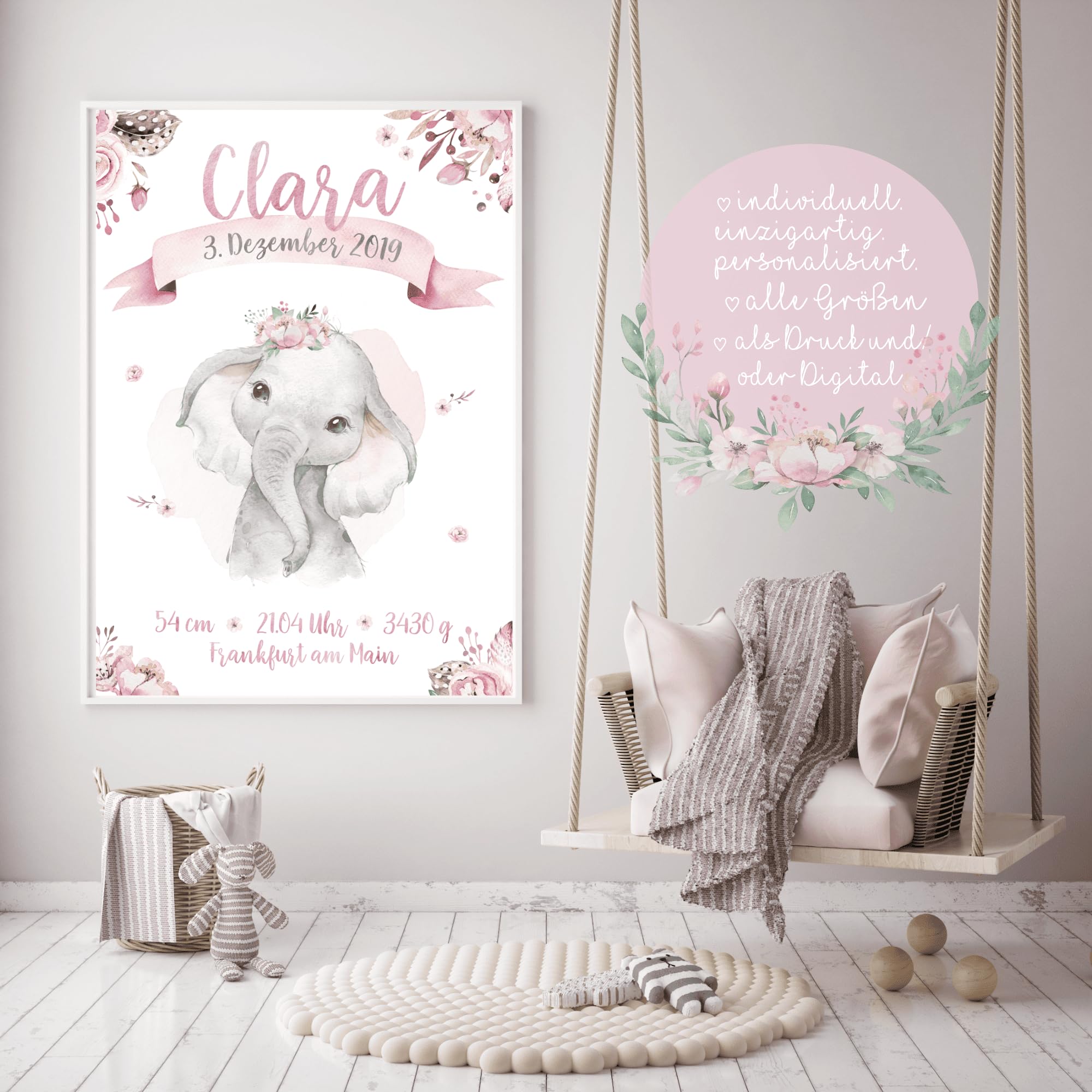 double critical Personalisiertes Geburtsposter Baby-Elefant – Mädchen Aquarell Poster mit Name und Geburtsdaten – Rosa Blumen Deko Kinderzimmer – Geschenk zur Geburt oder Taufe DIN A4 A3