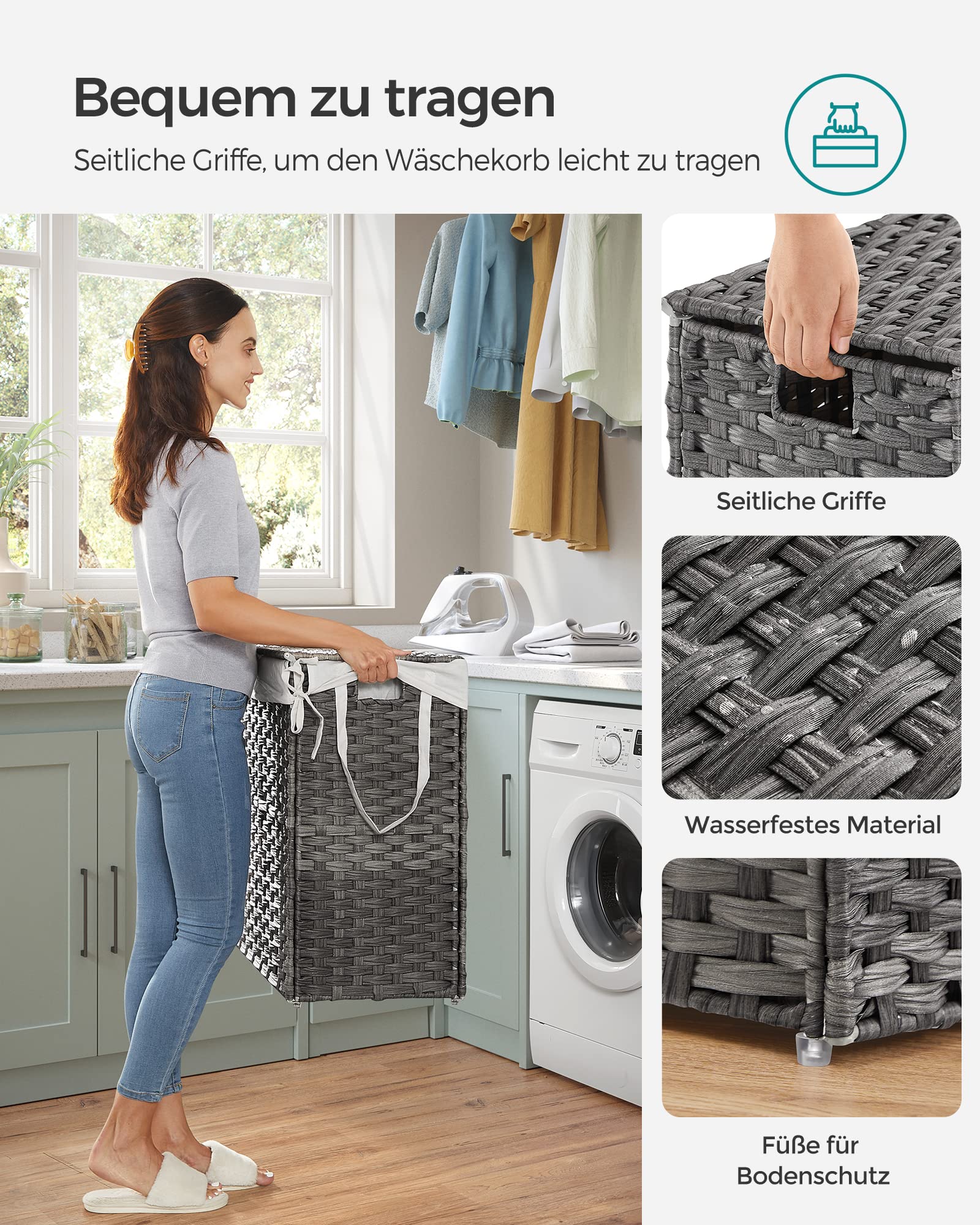 SONGMICS Wäschekorb mit Deckel, 130 Liter, 2 Fächer, handgeflochten | Wäschesammler, 33 x 66 x 60 cm, herausnehmbarer Wäschesack mit Griffen, grau, ELIOTT Kollektion LCB253G01