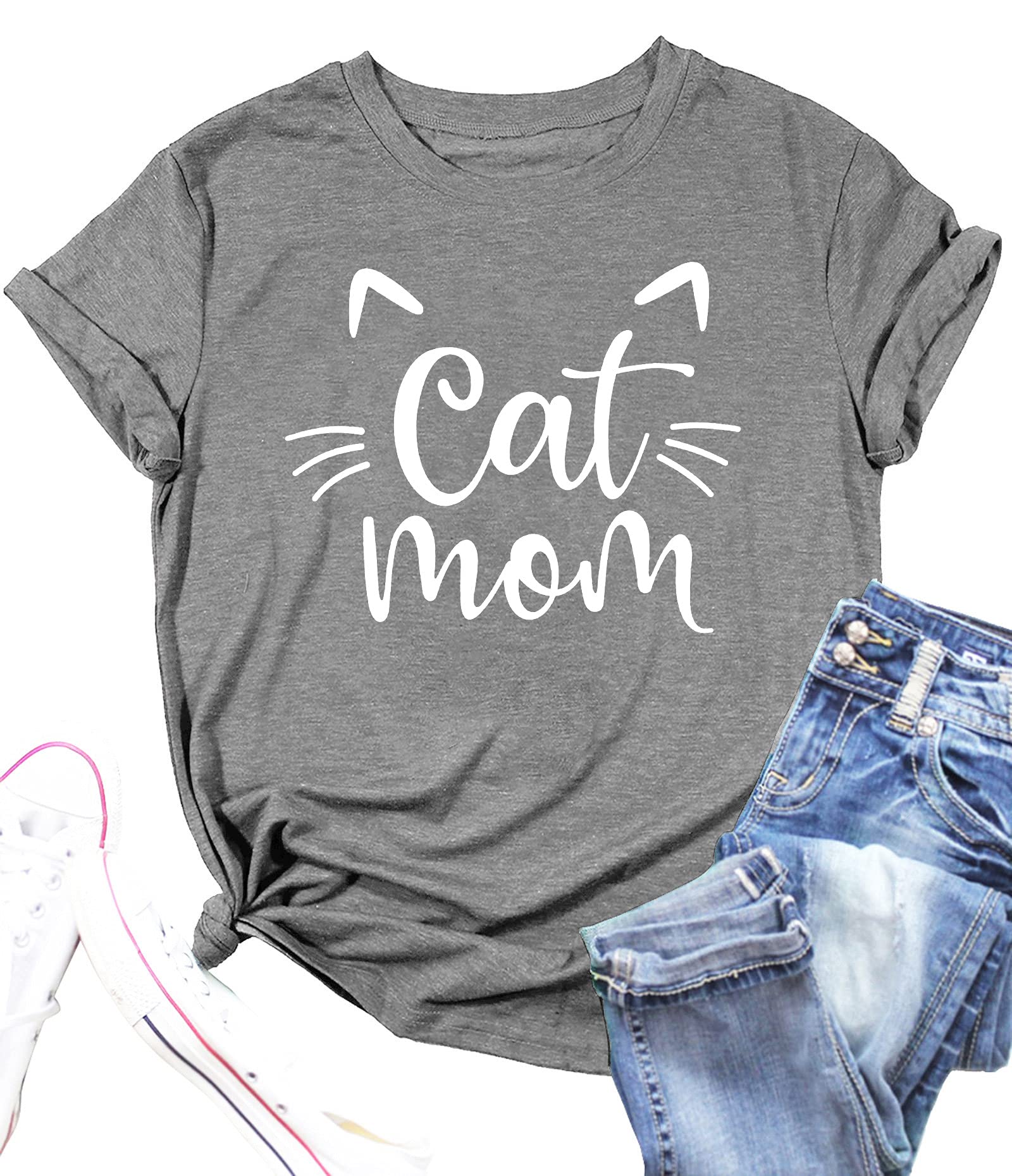 LAZYCHILD Cat Mom Shirts for Women Cat Mama T-Shirts Pet Lover Gifts Shirts Funny Cat Graphic Tees Shirts