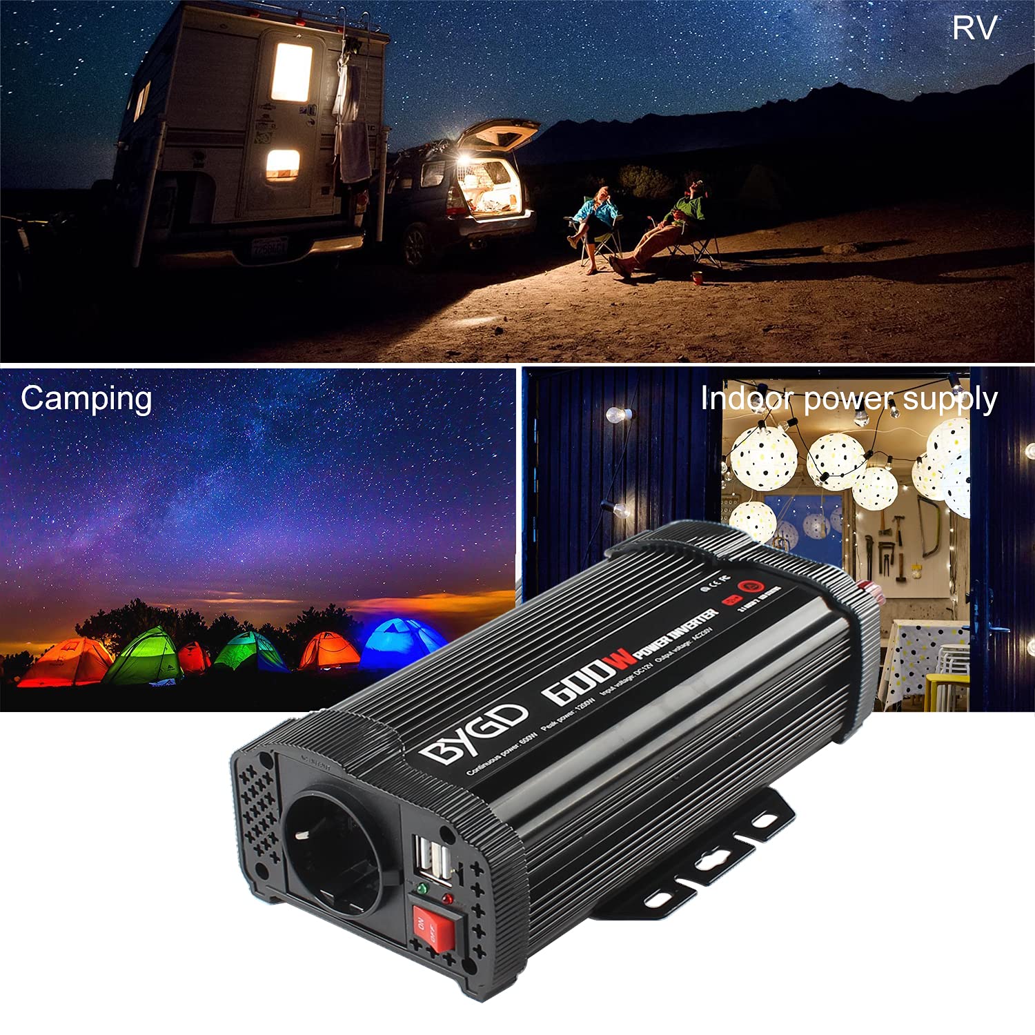 BYGD 600W Inverter Potenza, Invertitore Potenza Auto 12V a 230V USB 1 Prese AC, Convertitore Potenza per Auto/Camper/Barca a Onda Sinusoidale Invertitore di Tensione Modificata
