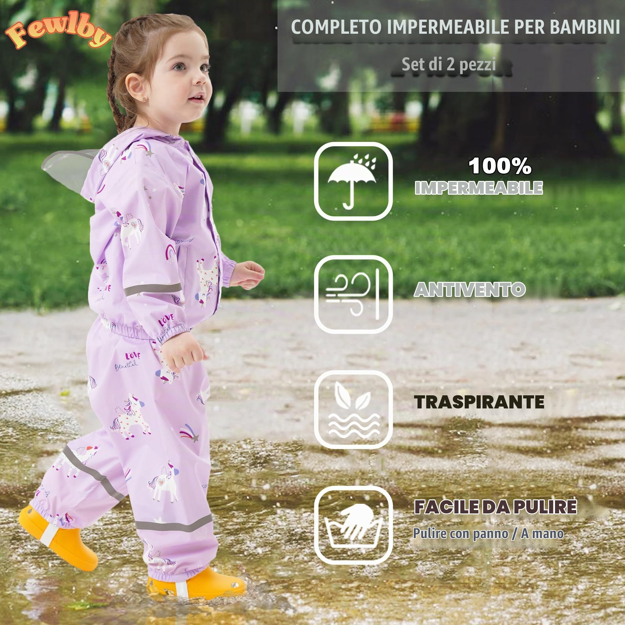Fewlby Tuta Impermeabile Bambina - Giacca Antipioggia & Pantaloni Impermeabili 2 Pezzi Set, Tuta Pioggia Bambino Mantellina Impermeabile con cappuccio Pantaloni Antipioggia per 1-7 anni
