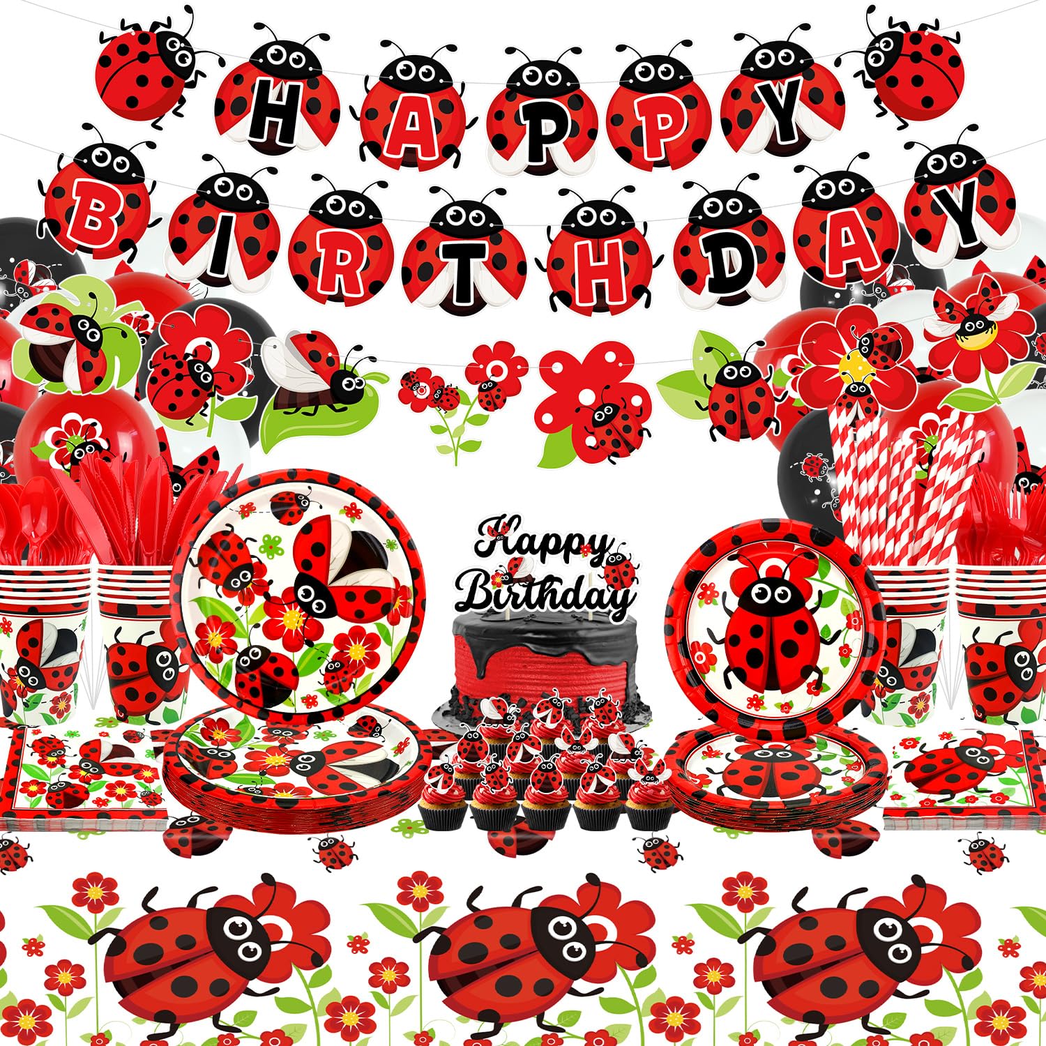 Ladybug Birthday Decorations - Ladybug Party Decoration, Plates Cups Napkins Tablecloth Happy Birthday Banner Balloon Cake Toppers for Ladybug Themed
