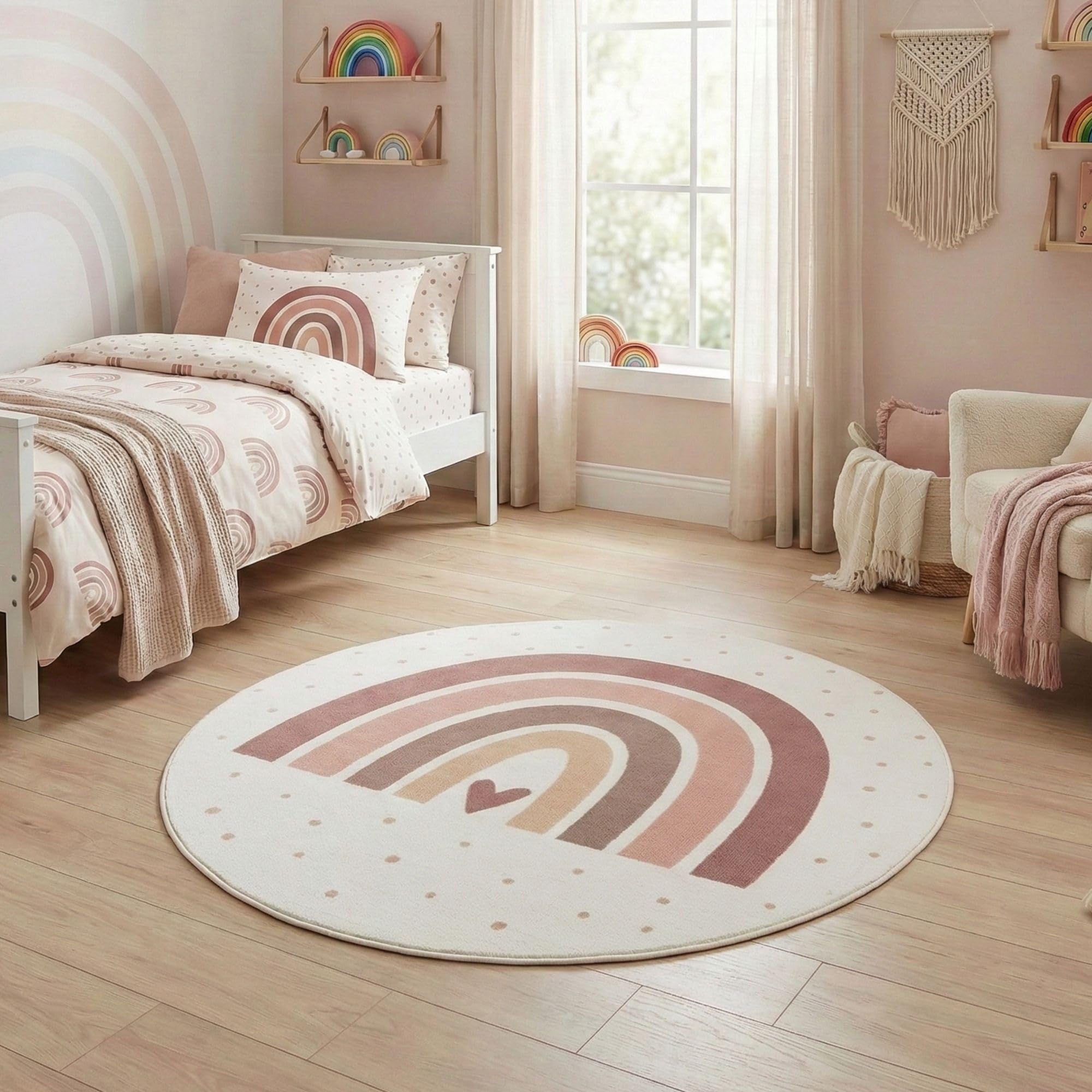 Carpetsale24 Alfombra Infantil Arcoiris Alfombra de Juego Redonda 120 cm para Habitacion Infantil en Crema con Motivo Corazon Ideal para pequenos rincones de Juego