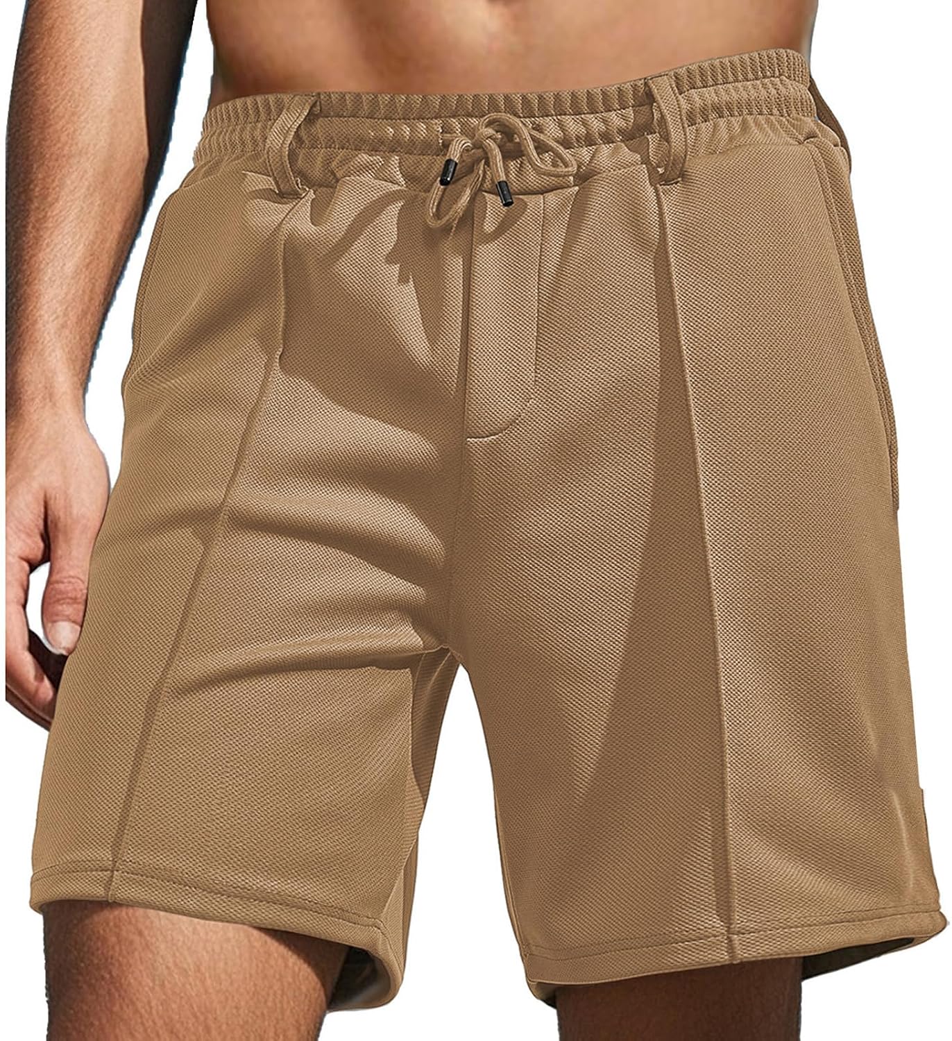 WENKOMG1 Mens Casual Shorts Knitted Lightweight Breathable Elastic Waist Drawstring Baggy Solid Color Beach Shorts