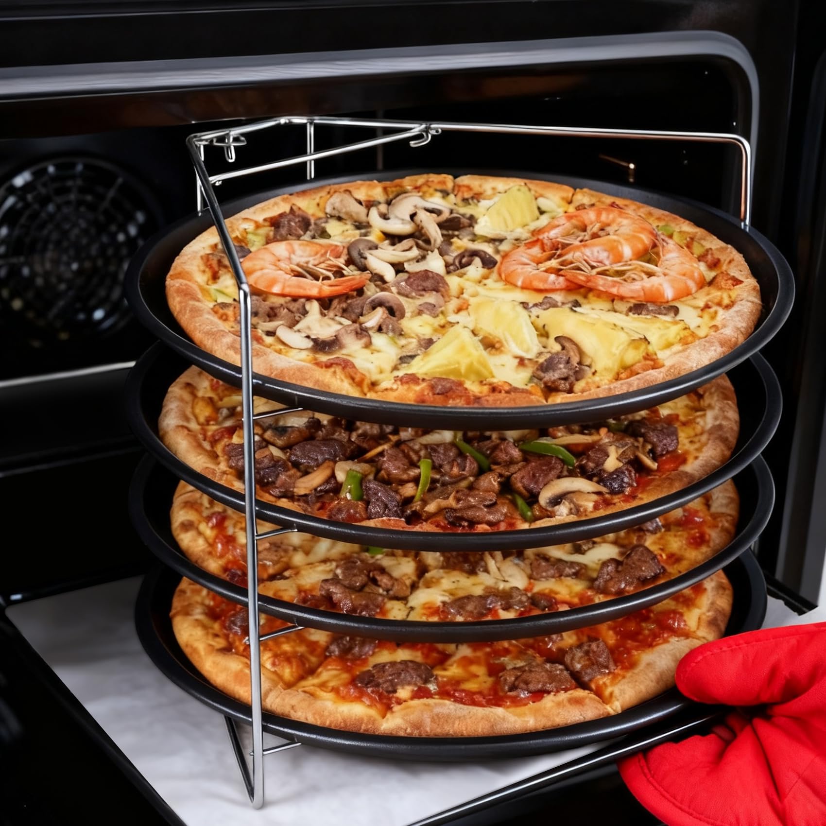Nagoyuki Pizzablech 4er Set, ø 32 cm Pizzabäcker-Set mit 4 Backblechen und Ständer rundes Pizzabackblech mit Antihaftbeschichtung als Pizza-Backblech und Flammkuchen Blech