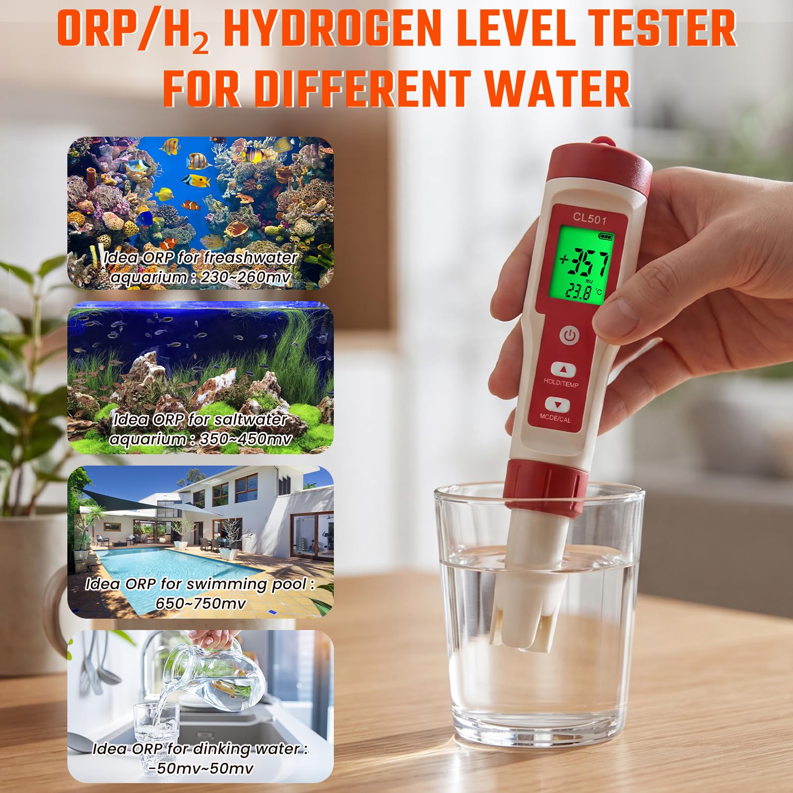 PH Chlormessgerät Pool Digitales Wasserqualität Tester, 5 in 1 PH/Chlor/ORP/H₂/Temp Messgerät mit pH Teststreifen und LCD-Display, für Trinkwasser Spa Aquarium Hidroponik Hydrokultur